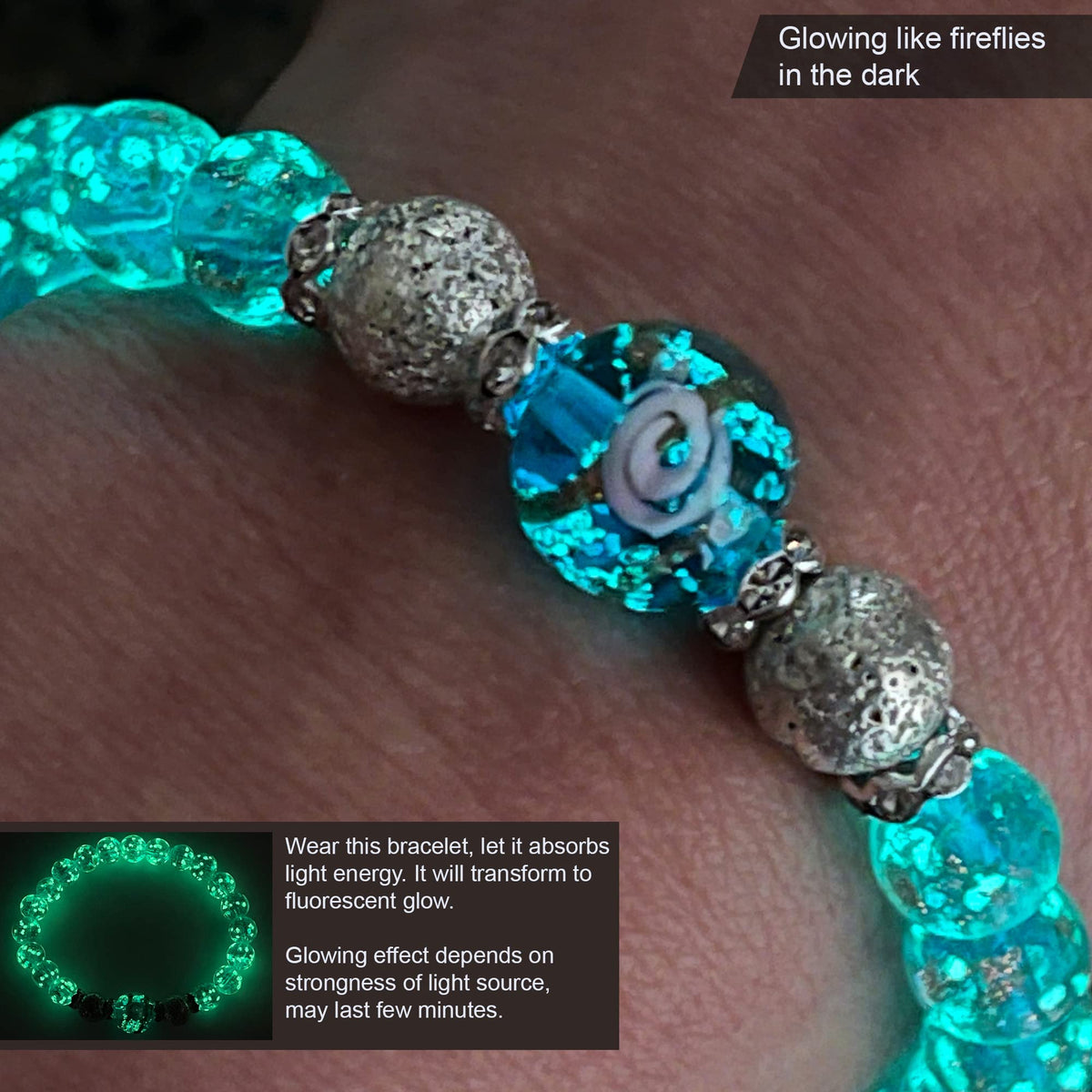 ARTSY Crafts Glow in the Dark Firefly Beads Bracelet for Women, Luminous Glass Beads Healing Crystal Glowing Beaded Bracelets, Mermaid Bracelet, Stretch Stackable Bangle Wristband (Sky Blue)