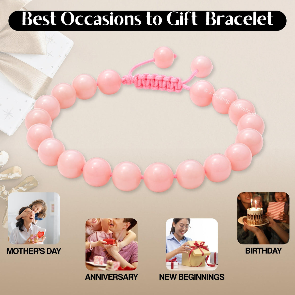 Amazing Gemstone Pink Opal Bracelet, Gifts For Men & Women - Protection Healing Crystal Bracelet - 8mm Gemstone Beaded Adjustable Bracelet, Pulseras Para Hombres Mujer Stocking Stuffers