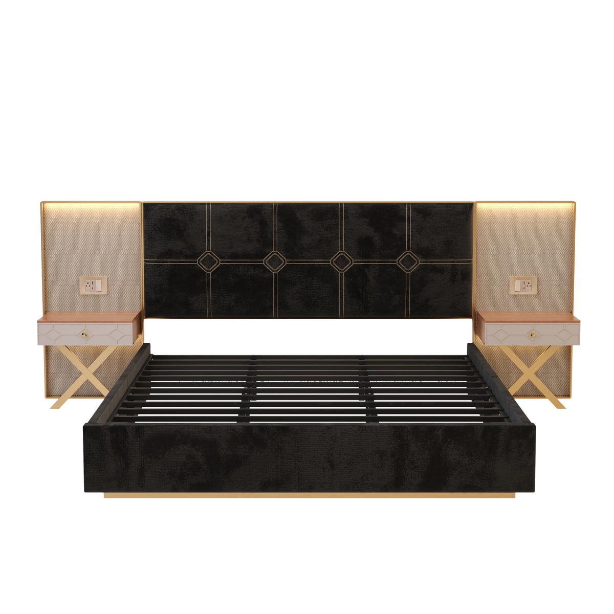 GDFStudio King Size Velvet Platform Bed Frame with LED Wall Lights & Floating Nightstands, Upholstered Headboard with Metal & Wood Frame, No Box Spring Needed, Easy Assembly, Black