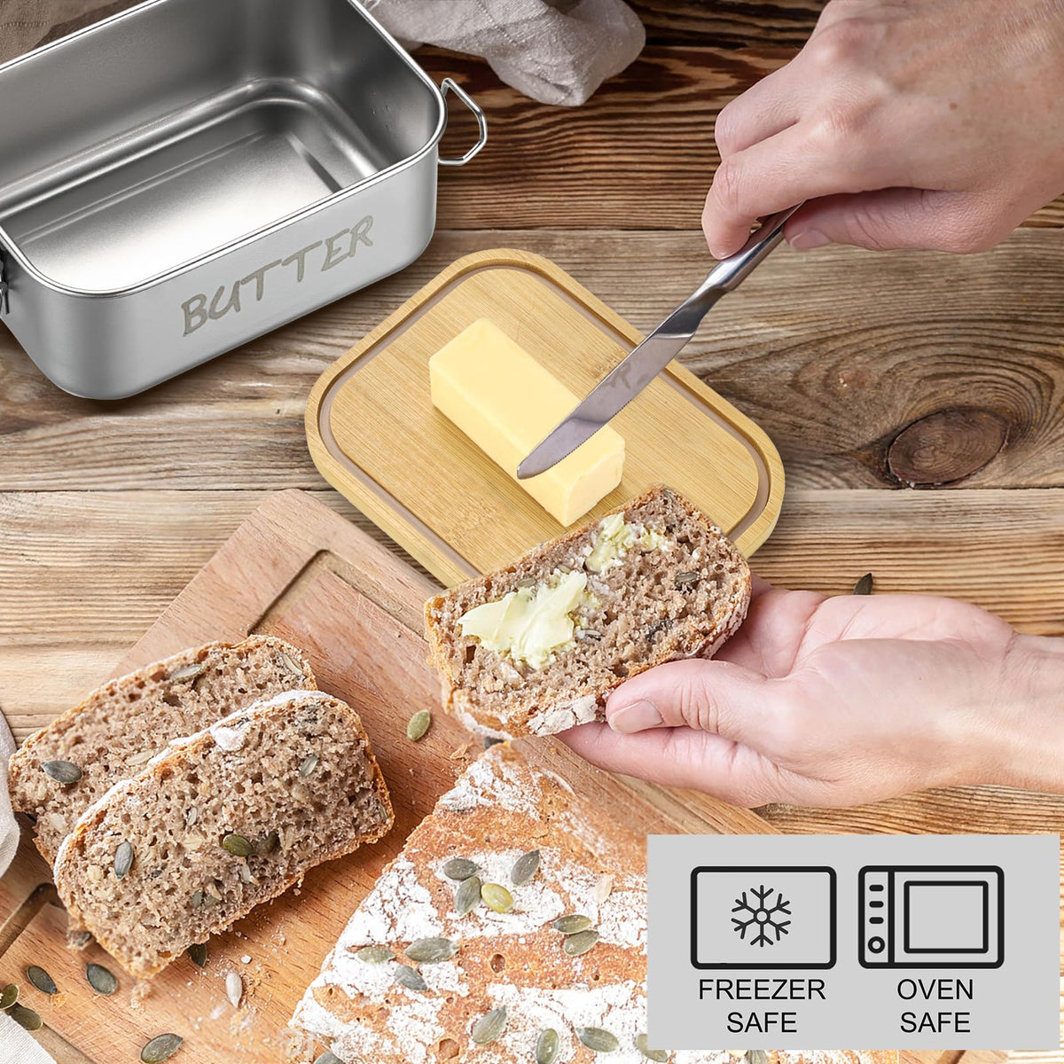 BSTKEY Butter Dish with Lid for Countertop, Stainless Steel Butter Holder Container with Silicone Sealing, Unbreakable Butter Keeper for Kitchen, Holds 1 Stick West or 2 Sticks East Coast Butter