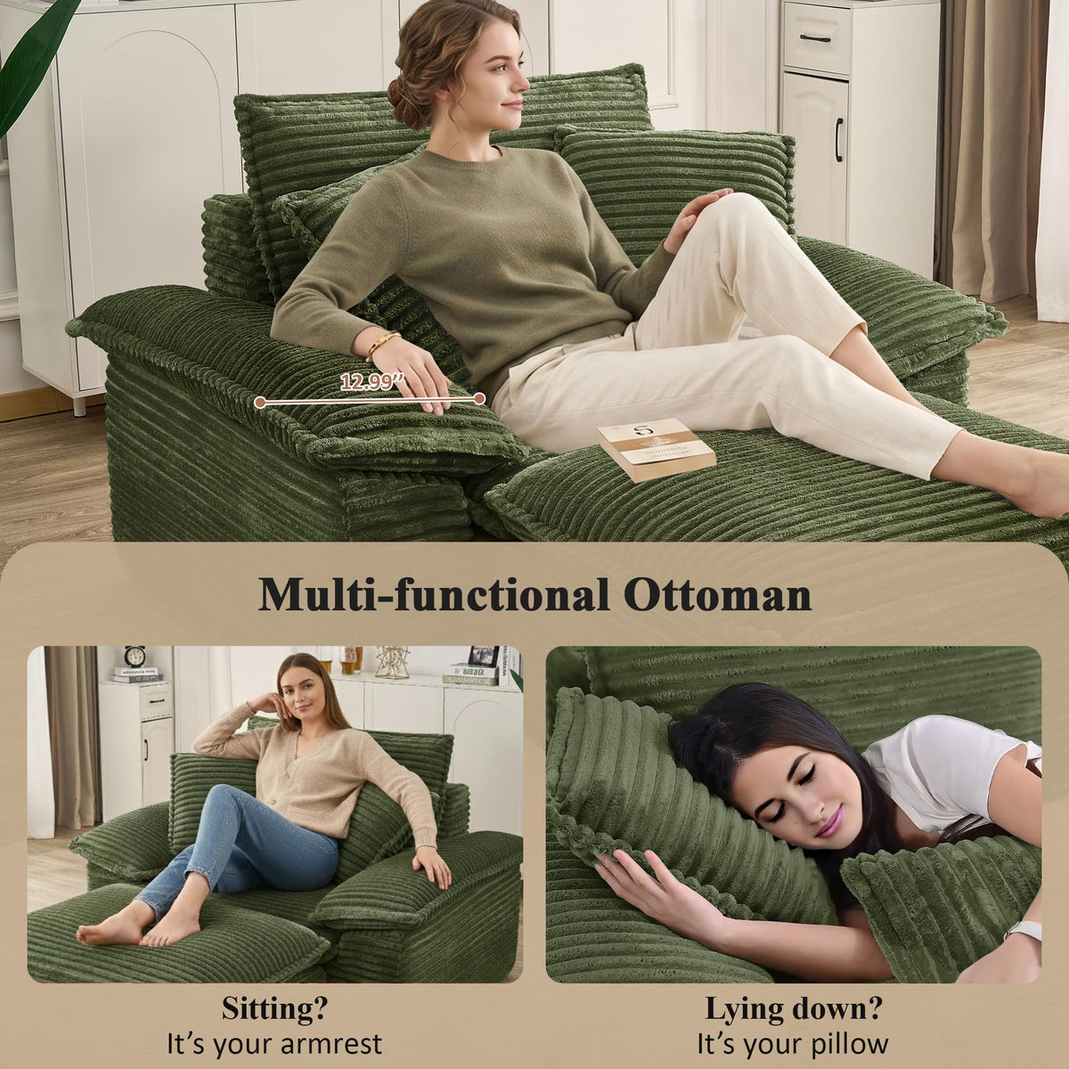 KEIKI 63" Oversized Lounge Sofa Chair with Ottoman, Deep Seat Cloud Couch Bed, Modular 1-Seater Sectional Sleeper Sofa, No Assembly Corduroy Couch for Reading Nook & Cozy Corner