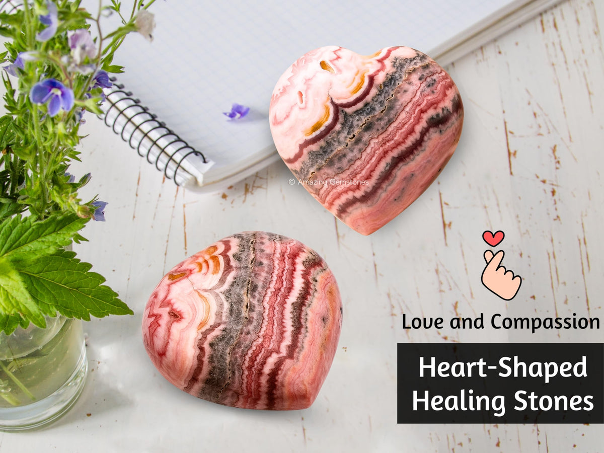 Rhodochrosite Crystal Heart Palm Stone - Pocket Massage Worry Stone for Natural Body Chakra Balancing, Reiki Healing and Crystal Grid