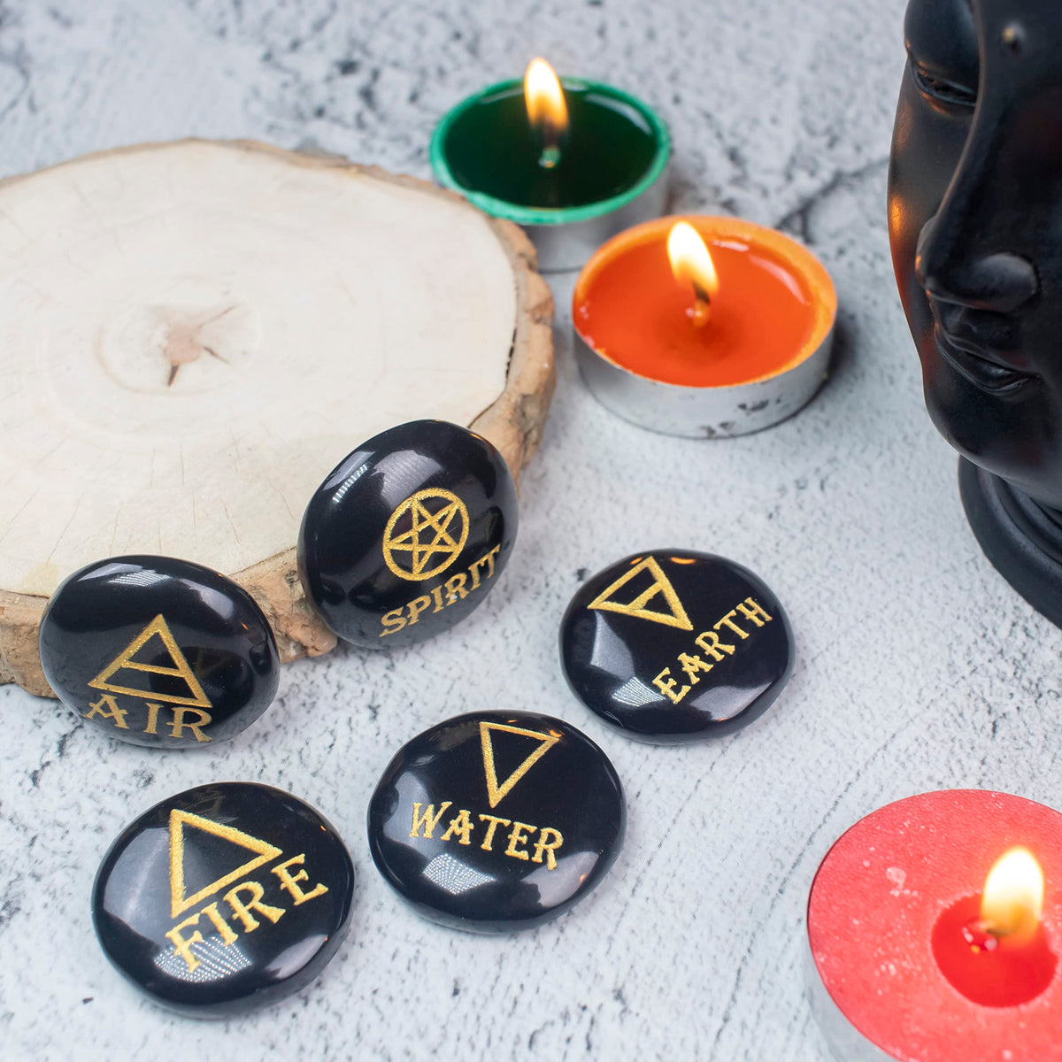 Crocon 5 Elements Black Tourmaline Stones Round Shape Engraved Triangle Symbols (Earth Air Fire Water Spirit) Polished Palm Stones Gemstone Reiki Crystals Healing Stones Meditation Divination Gifts