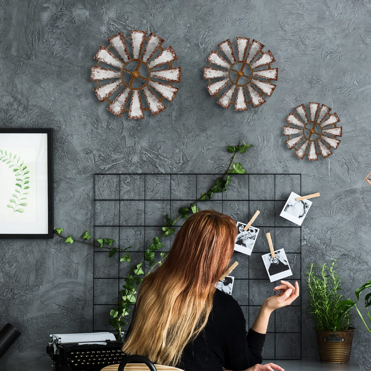 Yookeer 3 Pcs Wood Windmill Wall Decor Farmhouse Hanging Decoration Wooden Windmill Kitchen Decor Rustic Decor Living Room Sculpture Art for Bedroom Nursery Home Decor(Farmhouse)