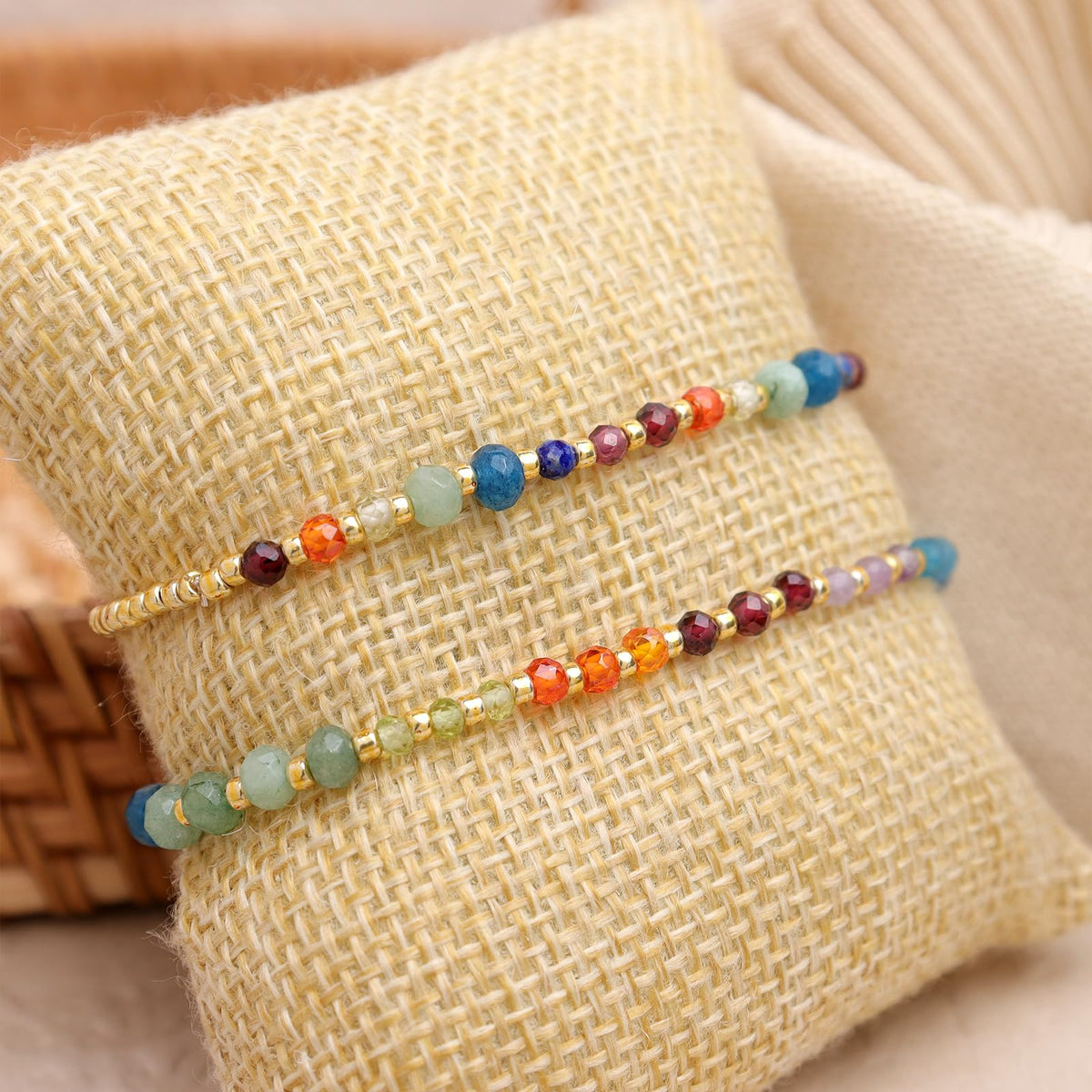 BXDA Gemstone Gold Beaded Stack Bracelets Set for Women, 2Pcs Colorful Boho Handmade Rainbow Chakra Natural Stone Stretch Stackable Bracelet Prom Holiday Jewelry Gift.