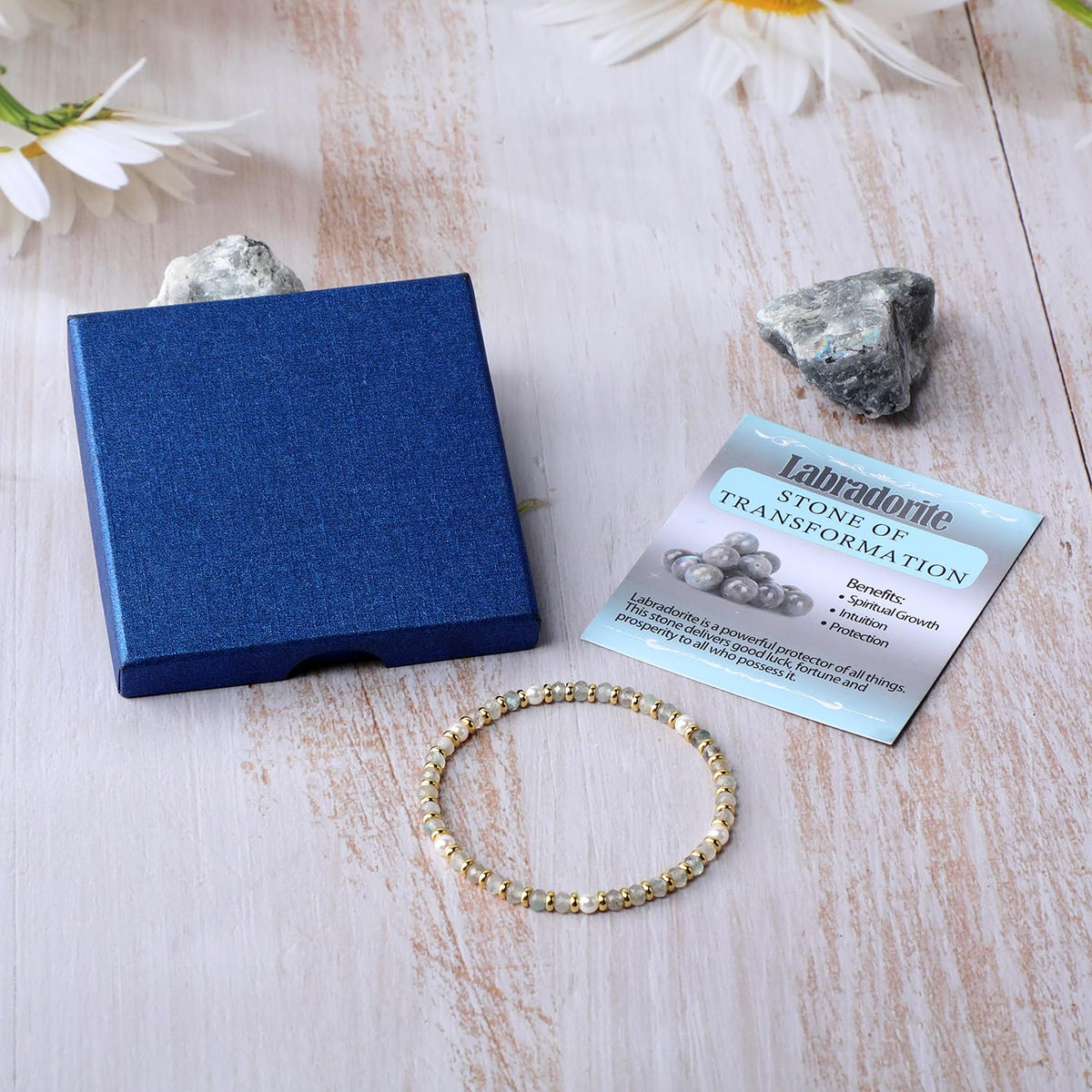QOGIR Labradorite - Transformation - 14K Gold Plated Beads Natural Gemstone Stretch Elastic Dainty Healing Beaded Bracelets Gifts 2x4mm
