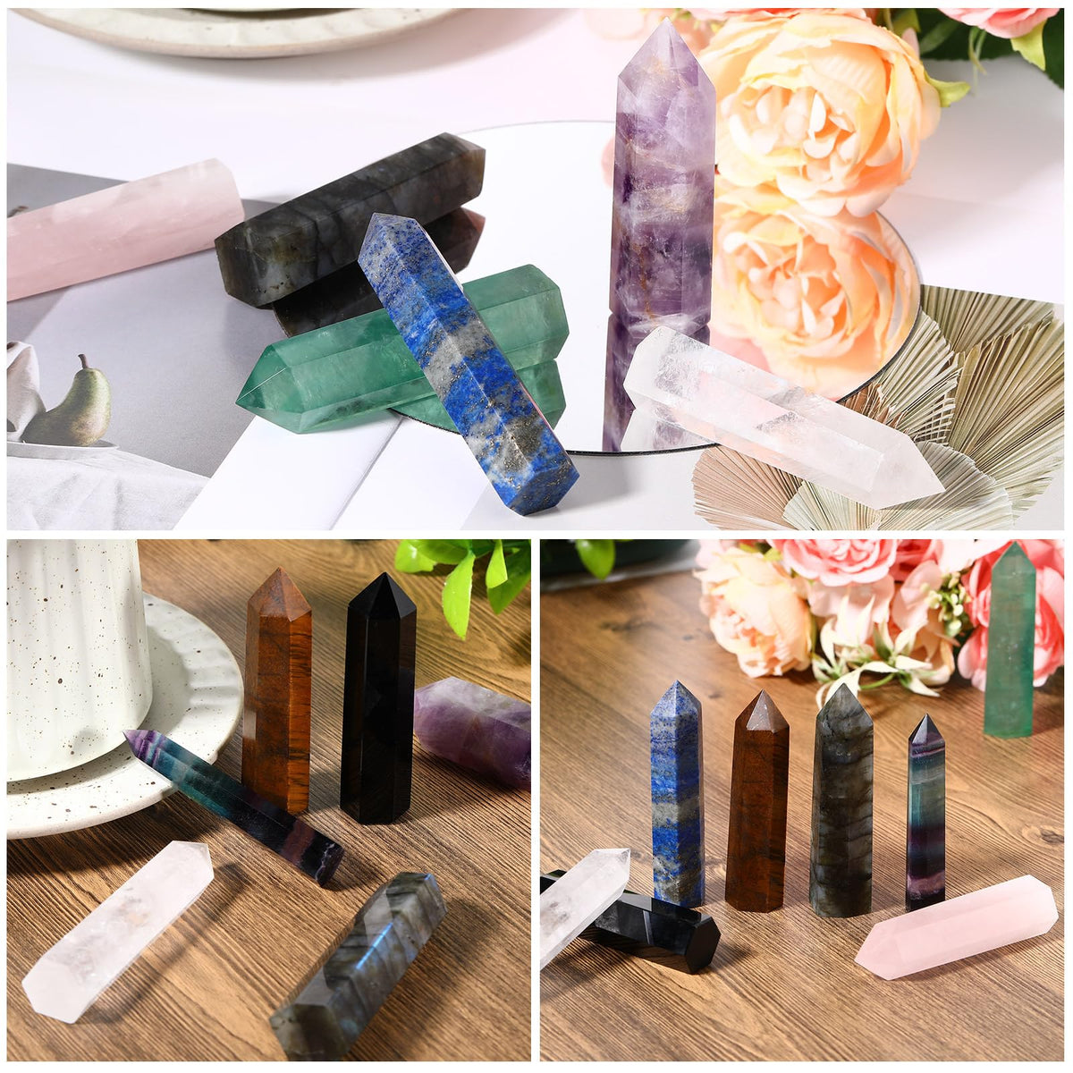 Junkin 9 Sets Healing Crystal Wand, Amethyst Rose Quartz Clear Quartz Tiger Eye Obsidian Fluorite Labradorite Lapis Lazuli for Meditation Crystal Therapy Reiki Supplies(Mixed Color,2.8-3.1 Inch)