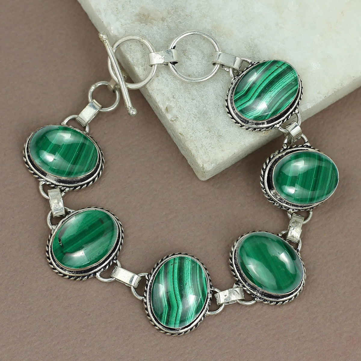 Natural Malachite Silver Plated Handmade Link Bracelet for Women - April Birthstone Oval Gemstone Adjustable Bracelet Vintage Style Bohemian Jewelry - Gifts for Mom Wife Sister Her