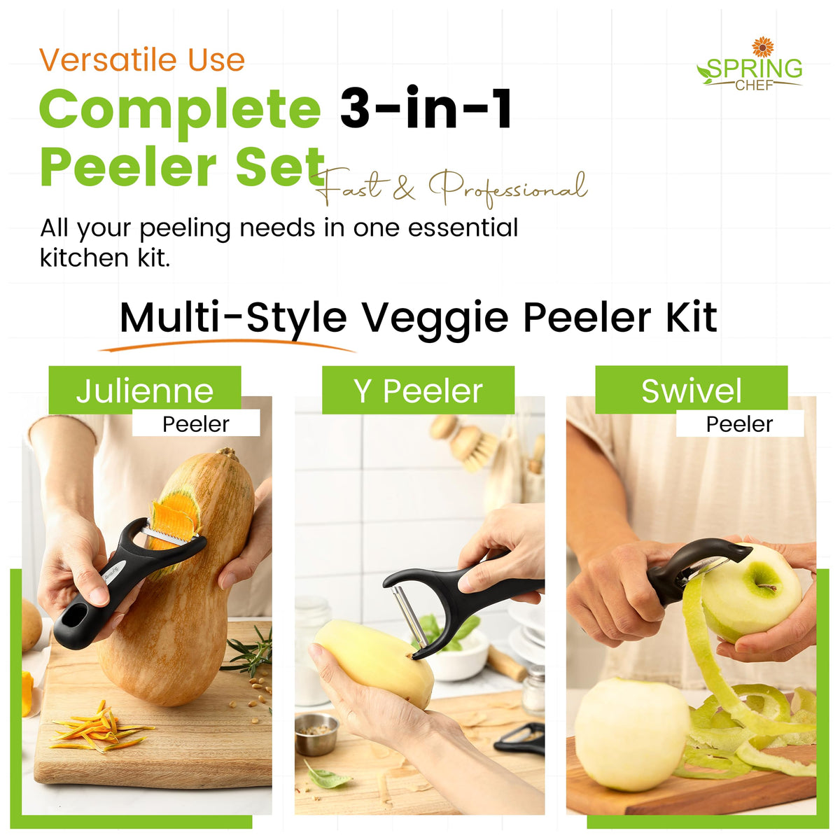 Spring Chef Vegetable Peelers for Kitchen - Stainless Steel Swivel, Y & Julienne Peelers, Potato Peelers with Soft Grip Handles, Kitchen Utensils Set of 3 for Fruits, Veggies, Apples, Carrots