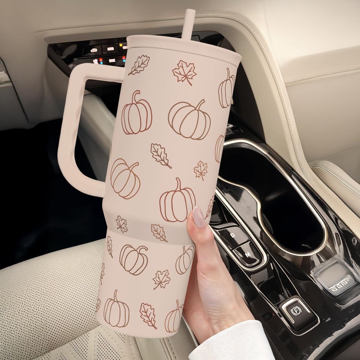 SANDJEST Pumpkin Tumbler with Handle and Straw 40oz – Stainless Sleel Slider Tumbler Travel Coffee Mug for Women - Gift Idea for Fall Autumn Halloween