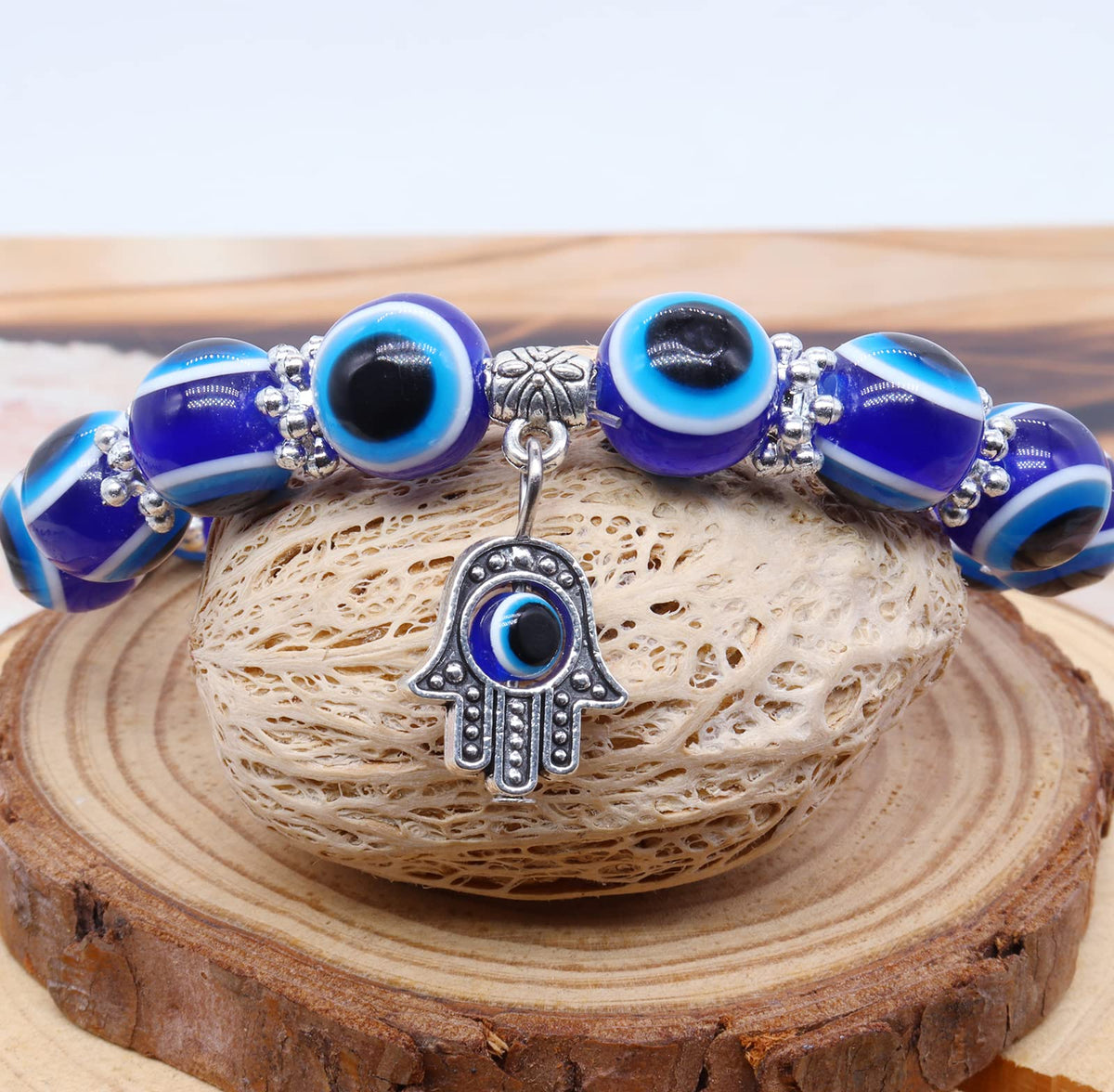 CJIAYUJEW 3pcs Evil Eye Bracelet Chakra Crystal Bracelets Set,Evil Eye Hamsa Blue Beaded Charm Stretch Bracelet for Blessing (White, Zinc Alloy)