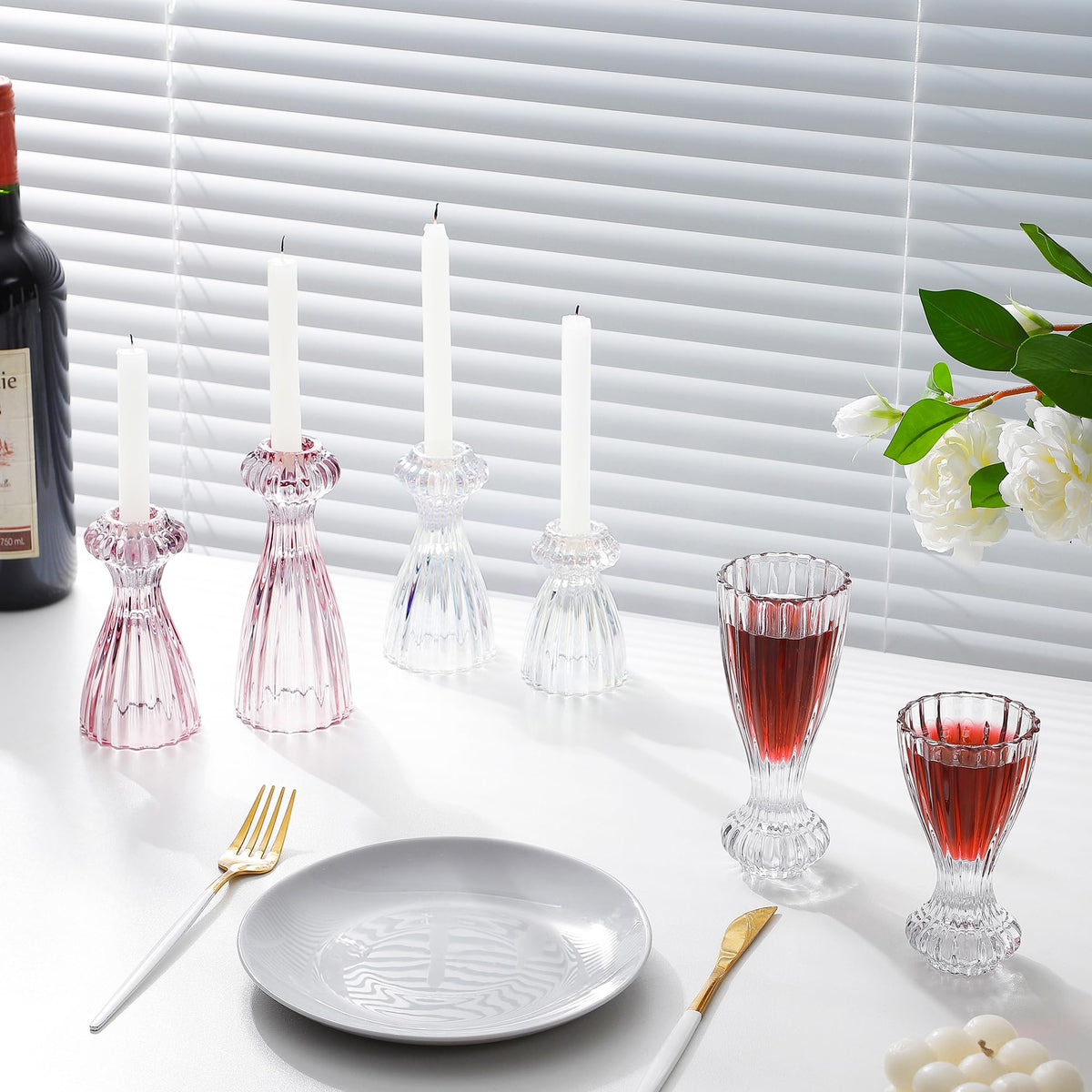 Lysenn Glass Candle Stick Holder Set of 3 – Premium Taper Candle Holders for Romantic Ambiance - Candle Sticks Holder Decor for Special Occasions - Purple