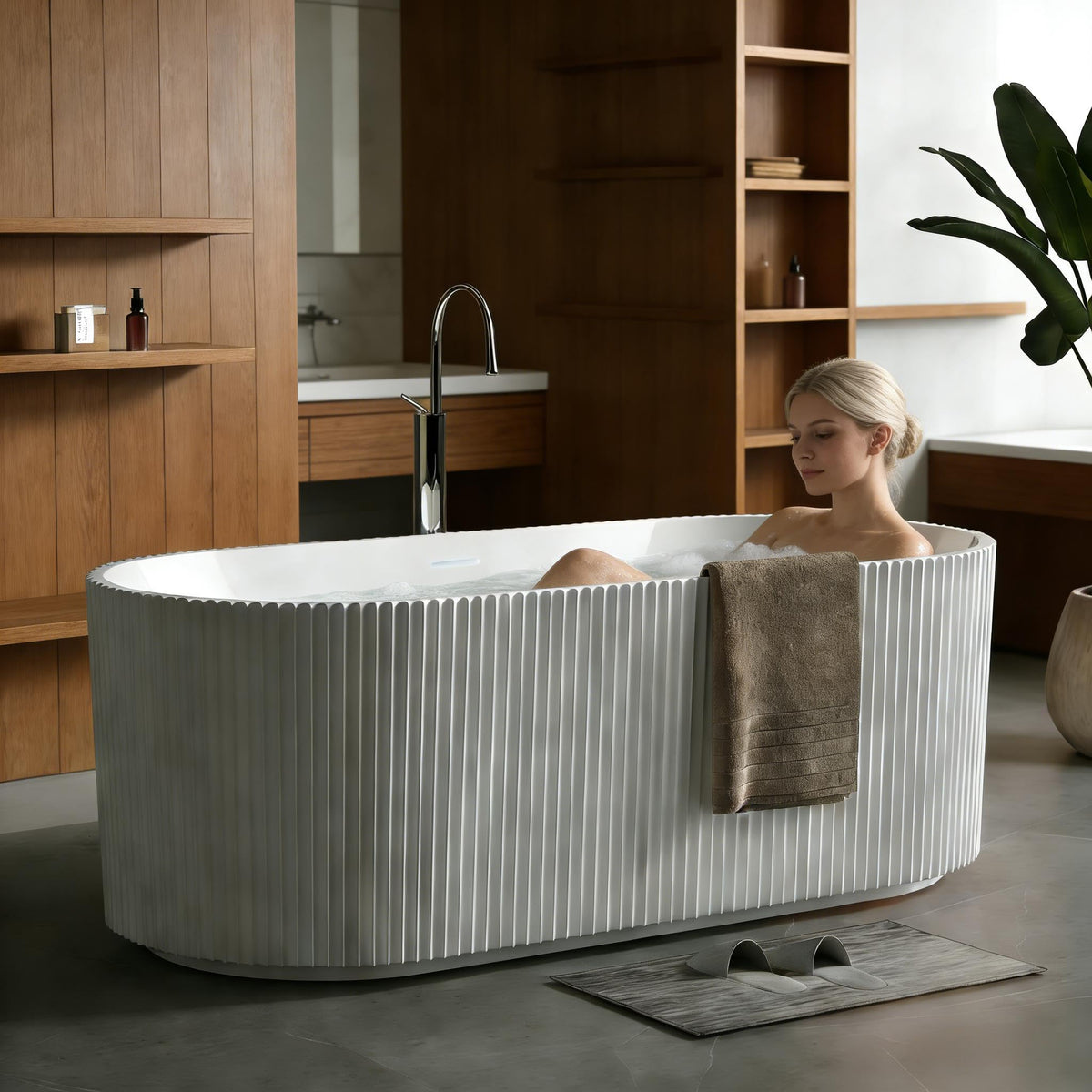 Garvee 59" Acrylic Freestanding Bathtub, Modern Soaking Tub with Matte Drain and Black Overflow, Stripe White, Deep Ergonomic Design, Double-Walled Insulation, cUPC Certified Bath Tub