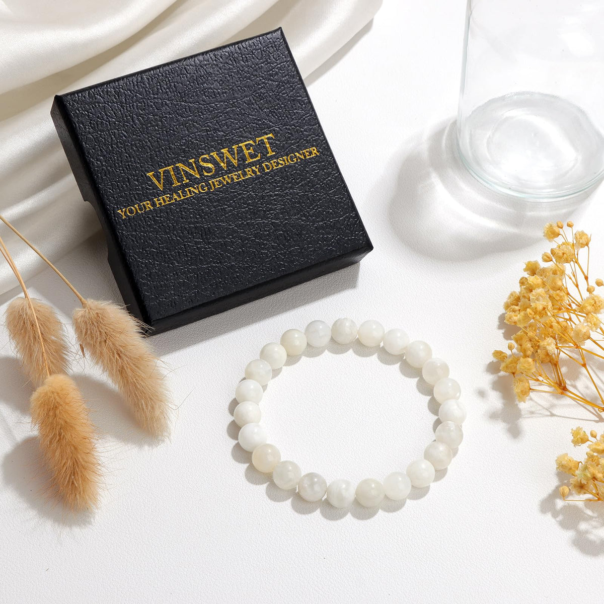 Vinswet Healing Crystal Bracelets for Women Men 8mm Moonstone Natural Stone Beaded Stretch Bracelet Handmade Gemstone Reiki Spiritual Jewelry Gifts