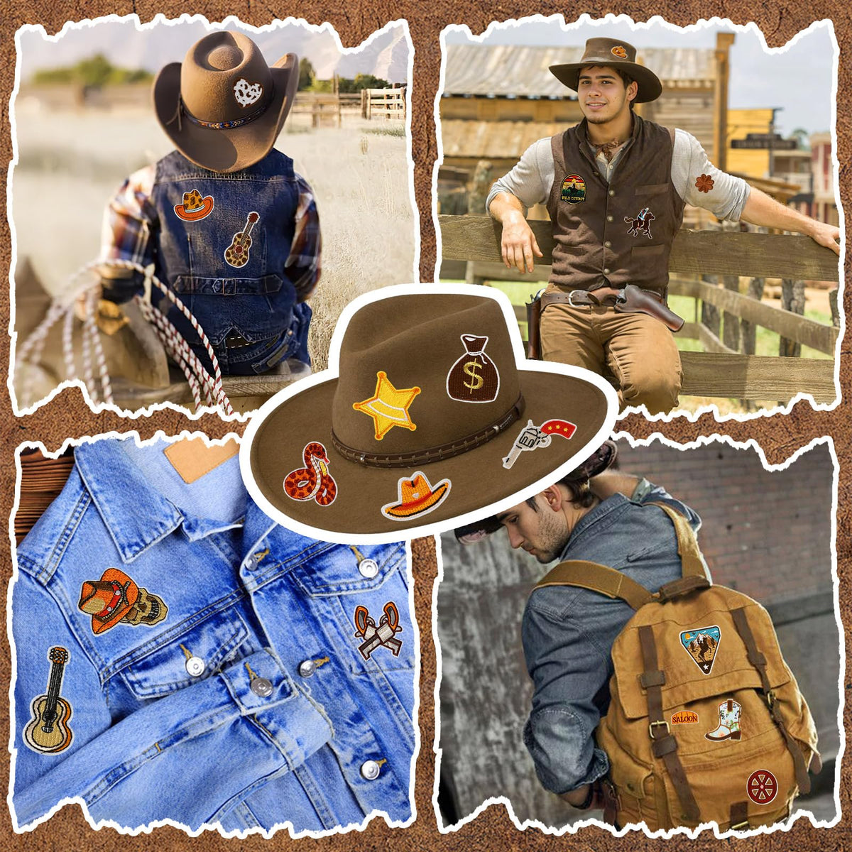 60pcs Western Iron On Patches Random Assorted Styles Brown Theme Iron on Patches for Boys Western DIY Sew Applique Repair Patch Cute Sew on Patches for Clothing Jacket Jeans Pants Dress Backpack Hats