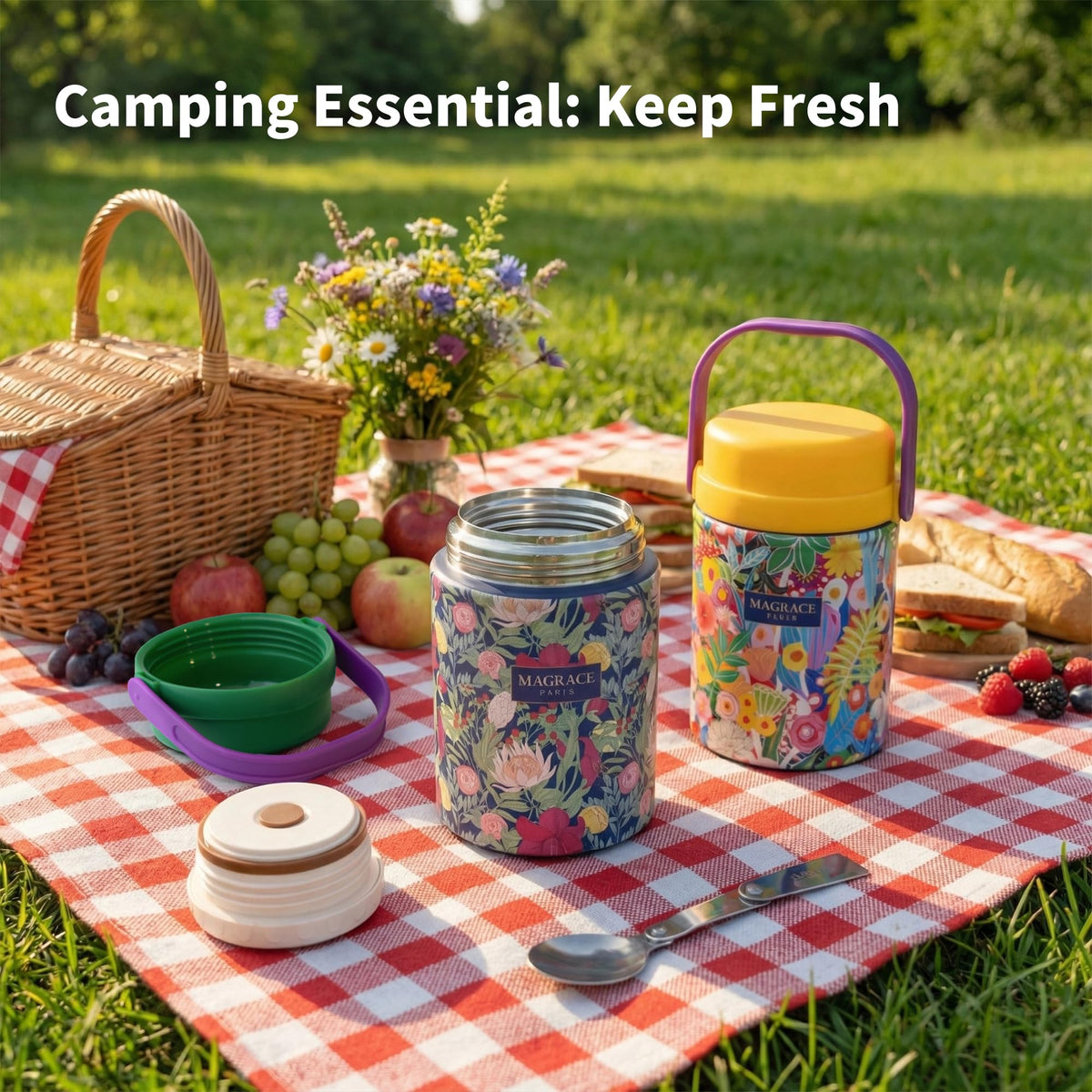 MAGRACE Vaccum Insulated Food Jar - Boho Floral Thermal Lunch Container for Office Outdoor Hot & Cold Meals, Wide Mouth Thermo for Adult, W/Foldable Spoon (Tropical)