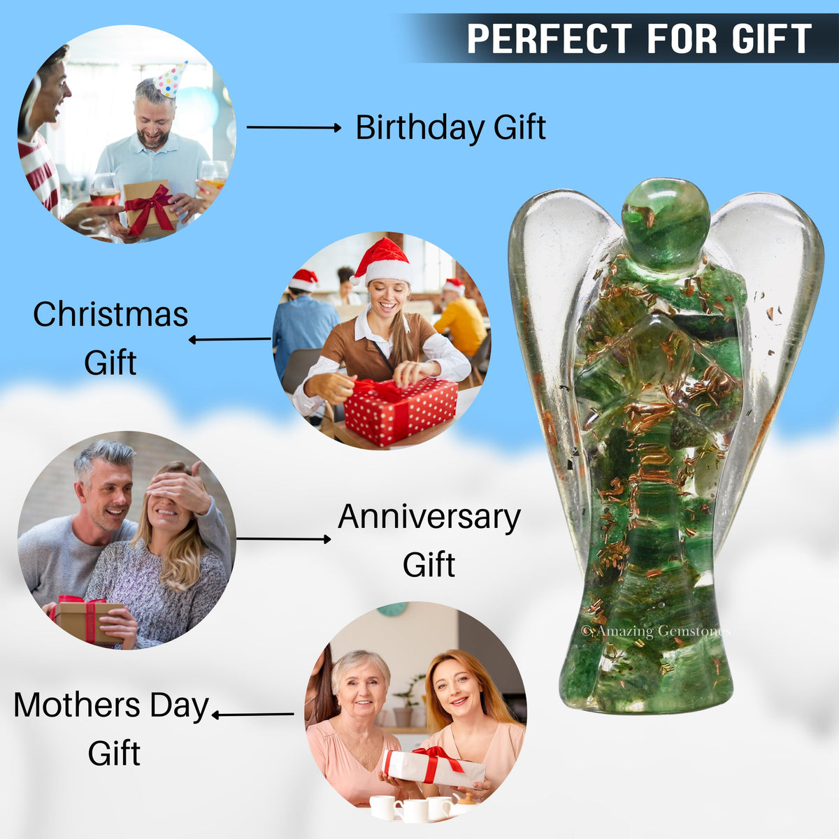 Amazing Gemstone Green Aventurine Guardian Angel Figurine Pocket Crystal Angel for Protection - Orgone Guardian Angel with Orgonite Layer and Natural Crystal for Healing Gift (2 Inch, Organite)