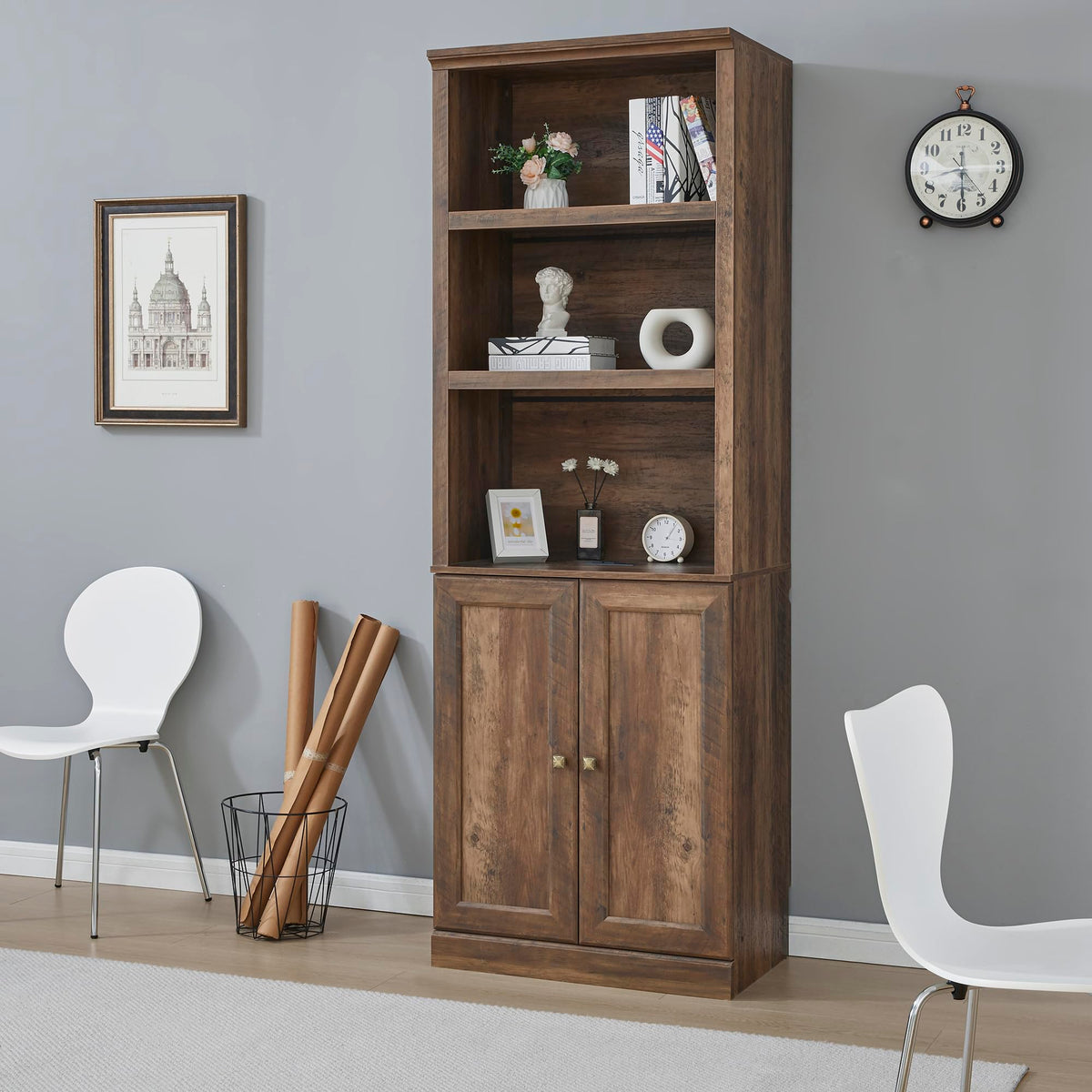 DiMorture 81" Tall Bookcase with USB Port, Wooden Book Cases Organizer with 3 Open Shelves and 2 Doors, Free-Standing Library Bookshelf Side Cabinet for Living Room, Bedroom (Brown)