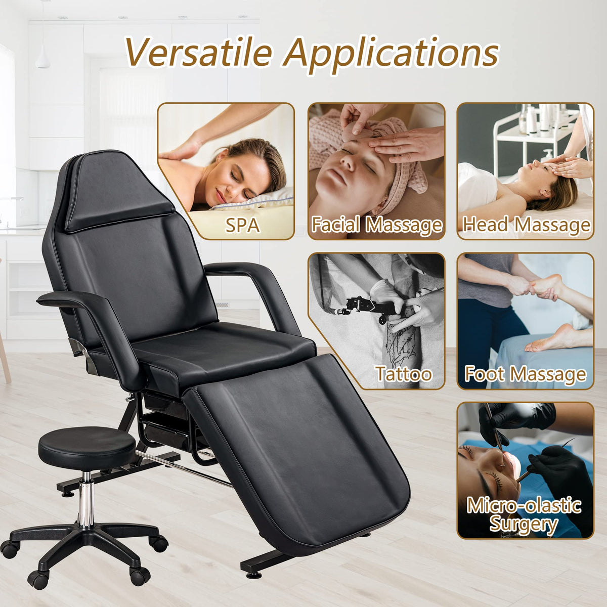 Anzios Massage Salon Tattoo Chair with Two Trays Esthetician Bed with Hydraulic Stool, Multi-Purpose 3-Section Facial Bed Table, Adjustable Beauty Barber Spa Beauty Equipment