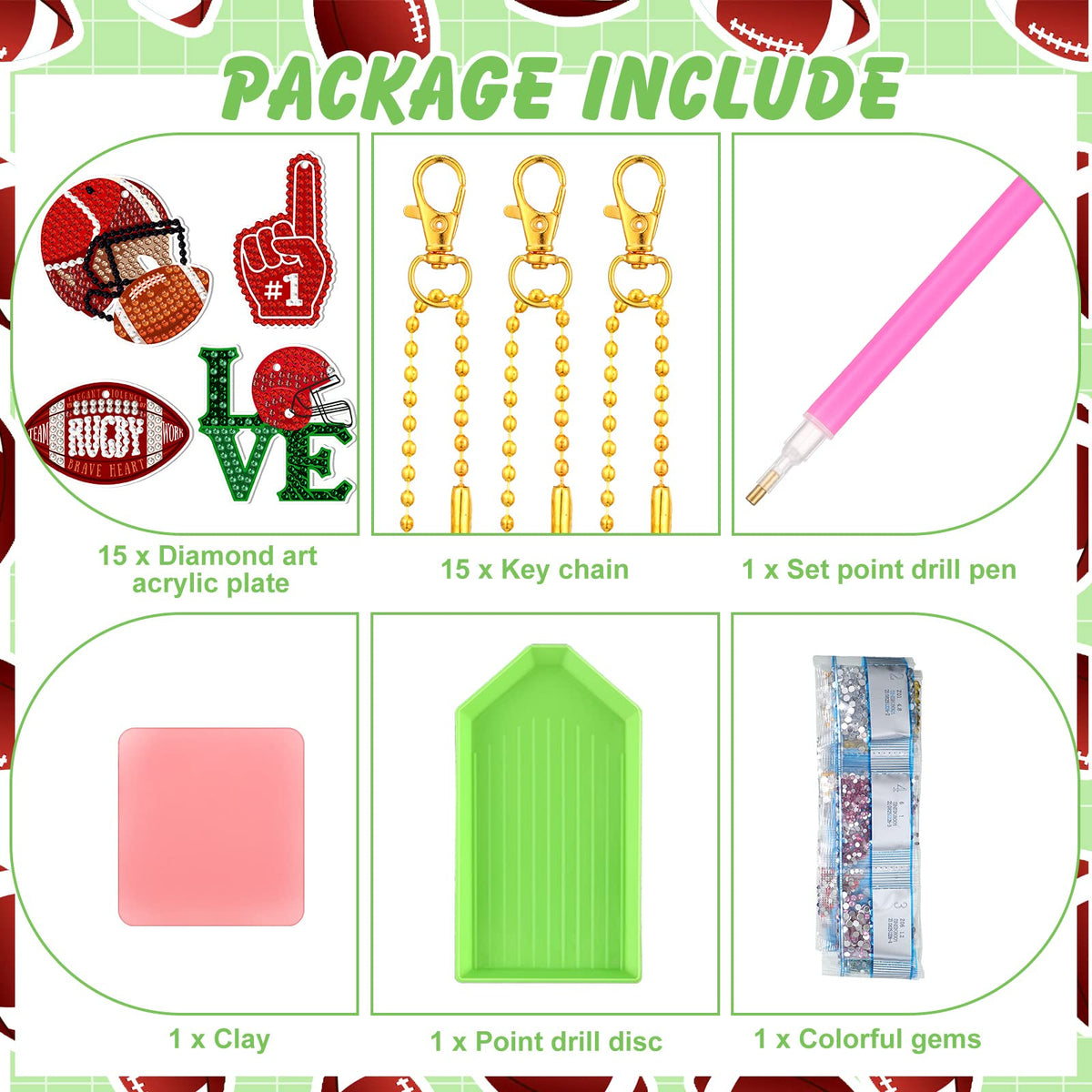 Yinkin 15 Pcs Football Diamond Art Keychains 5d Diamond Painting Keychain Football Party Decoration DIY Ornaments Pendant Kits for Adult