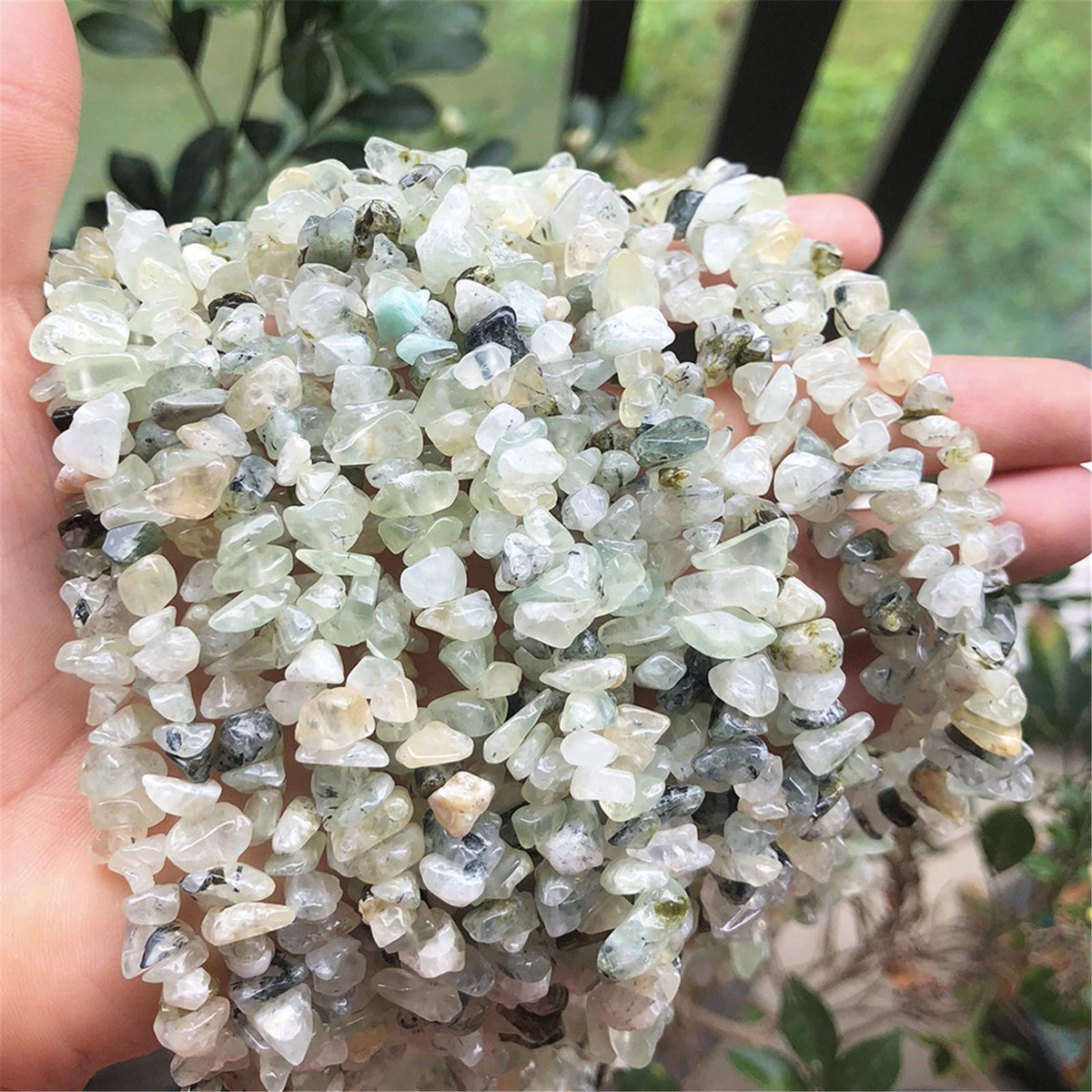 Fekuar 64" Irregular Tumbled Rose Quartz & Green Prehnite Chip Beads for Jewelry Making, Healing Crystal Drilled Loose Bead Strand DIY Craft Supplies, 5-8mm