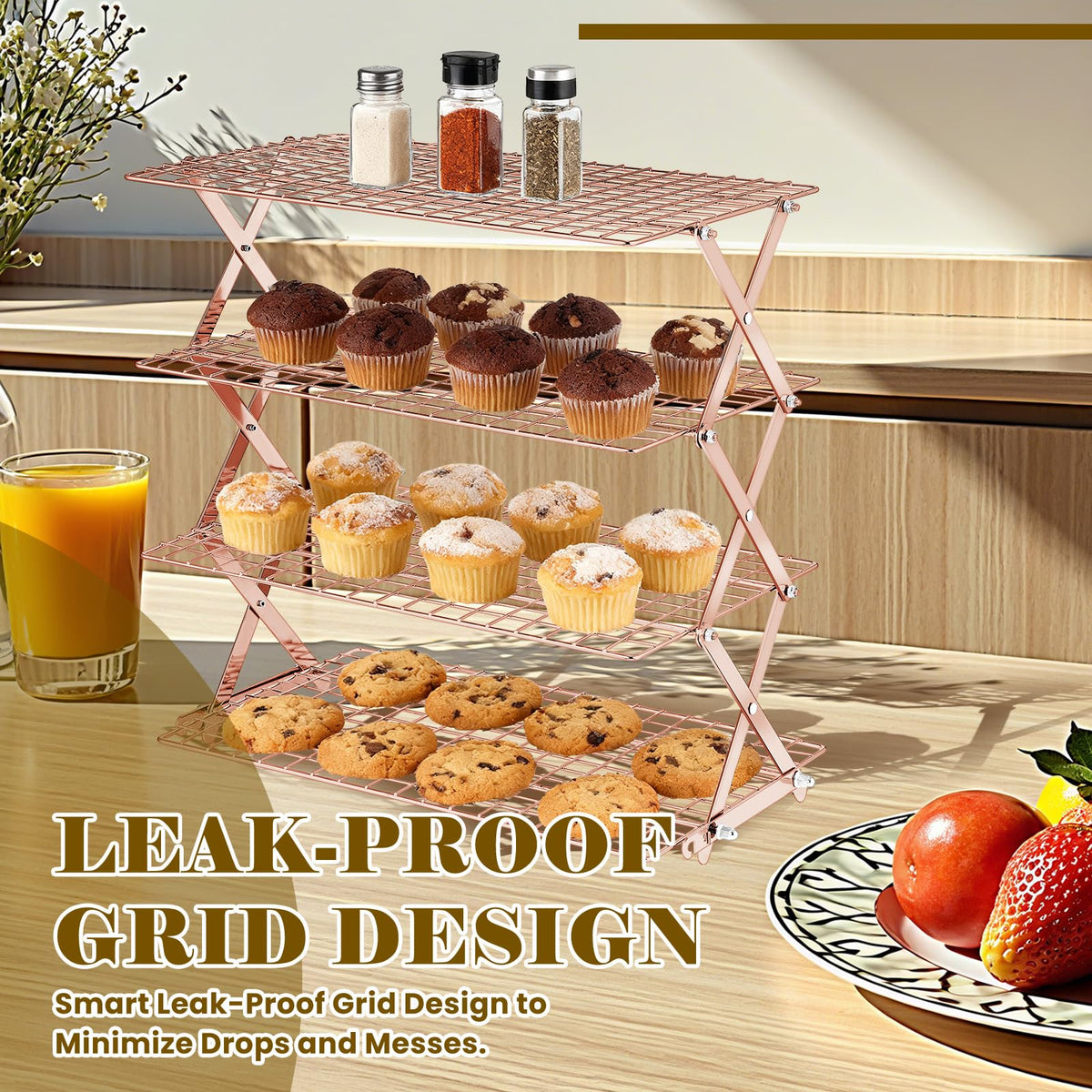 BEWOS 4 Tier Collapsible Cooling Rack - Adjustable Stainless Steel Baking Rack with Mesh Leak Proof,Foldable X-Shaped Structure Cooling Racks for Cooking and Baking, Dishwasher Safe( Rose Gold)