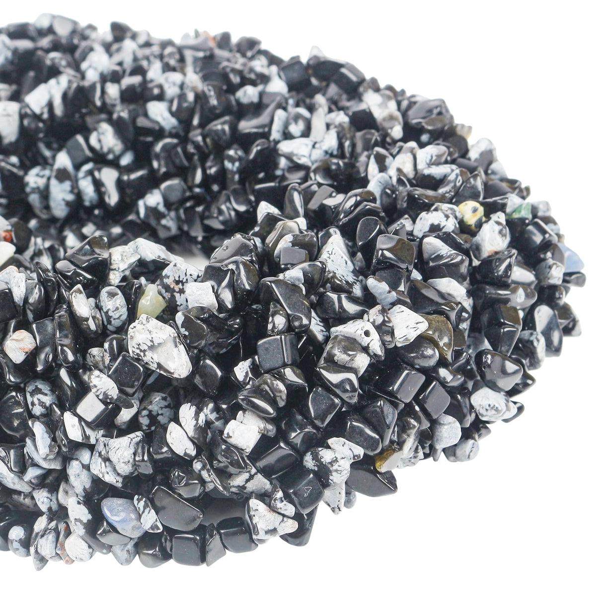 favoramulet 5-8mm Snowflake Obsidian Tumbled Stone Chip Beads for Jewelry Making, Irregular Shaped Healing Crystal Loose Bead Supply, Pack of 2 Strands(64 inches)