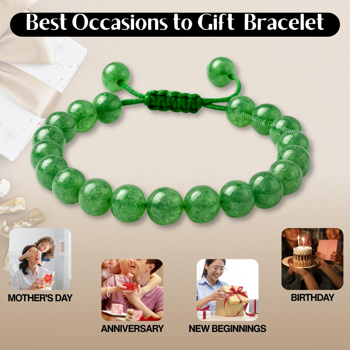 Amazing Gemstone Green Strawberry Quartz Bracelet for Women Men's Gifts - Protection Healing Crystal Bracelet - 8mm Gemstone Beaded Adjustable Bracelet Pulseras Para Hombres Mujer Stocking Stuffers