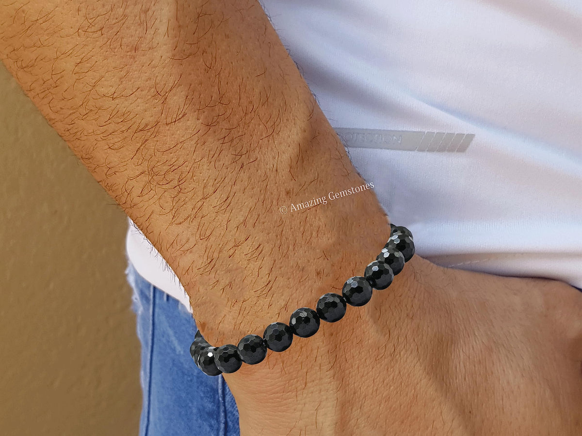 Amazing Gemstone Black Tourmaline Bracelet for Women - Chakra Mens Bracelet Protection Crystals and Healing Stones - Faceted Beaded Bracelet Spiritual Meditation Gift (Adjustable)