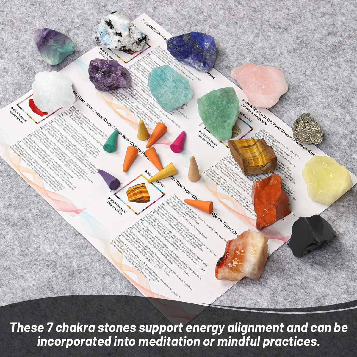 Orientrea 14Pcs Large Natural Rough Crystals and Healing Stones with Cone Incense & Guide – Raw Healing Crystals, Chakra Crystal Set for Tumbling, Decoration, Wire Wrapping, Wicca, Reiki, Meditation