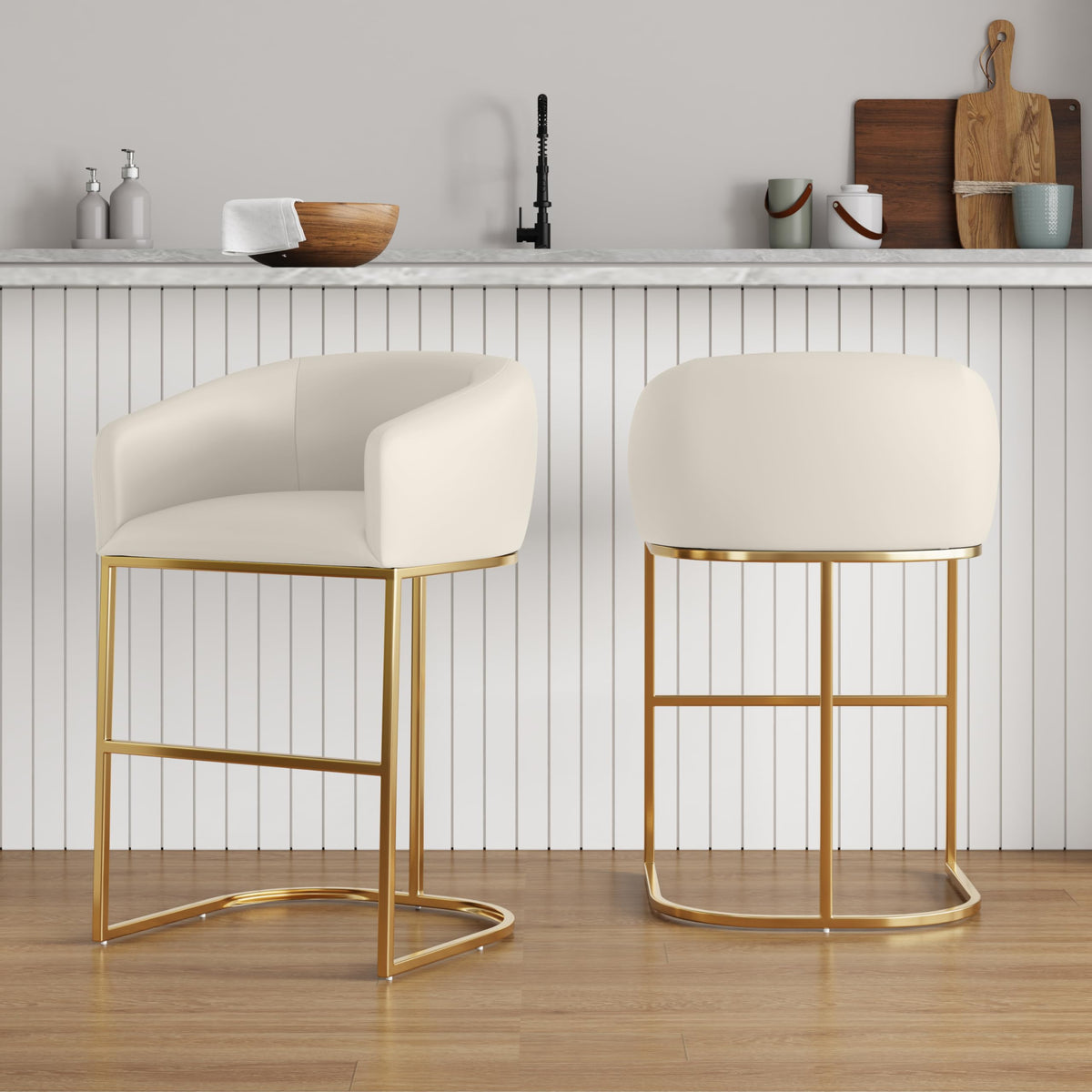 Manhattan Comfort Louvre 26 Inch Mid Century Modern Counter Height Bar Stools - Elegant Faux Leather Padded Seat, Stainless Steel Base with Footrest, Fully Assembled Barstools, Set of 1, Cream