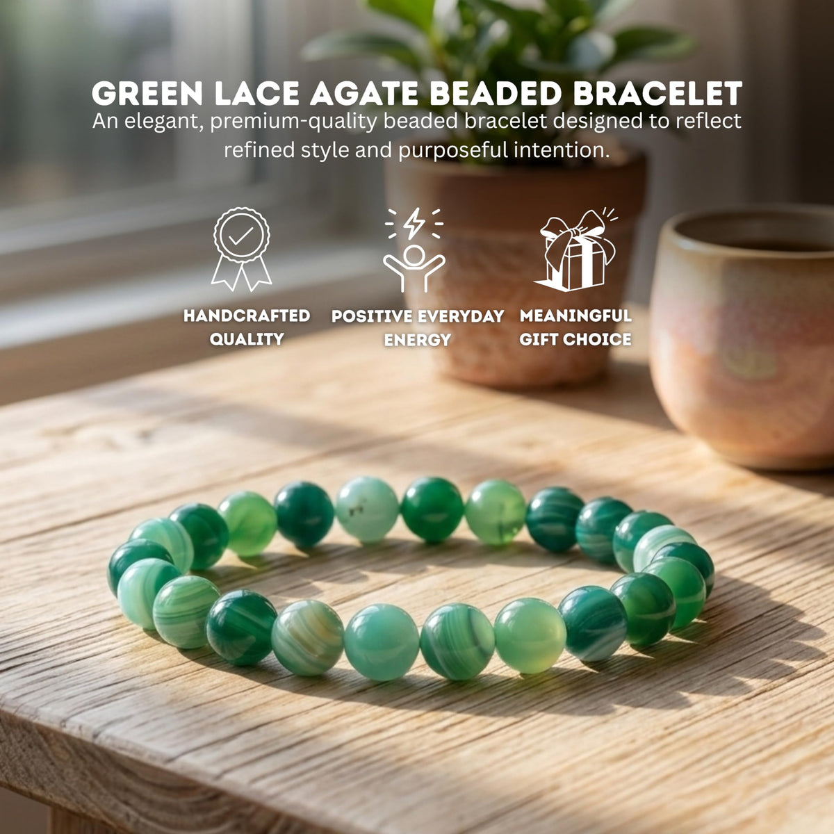 Cherry Tree Collection Lace Agate Green Beaded Bracelet – Genuine 8mm Gemstone Stretch Bracelet for Men & Women – Handmade Crystal Bracelet - (Lace Agate Green - S)