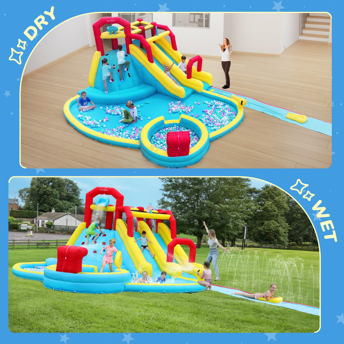 ELEMARA XL Inflatable Water Slide with 19ft Attachable Slip and Slide,Large 7 in 1 Blow Up Water Park,Bounce House for Backyard with 2 Slides,Climbing Wall,Deep Pool,Water Cannon,750W Blower for Kids