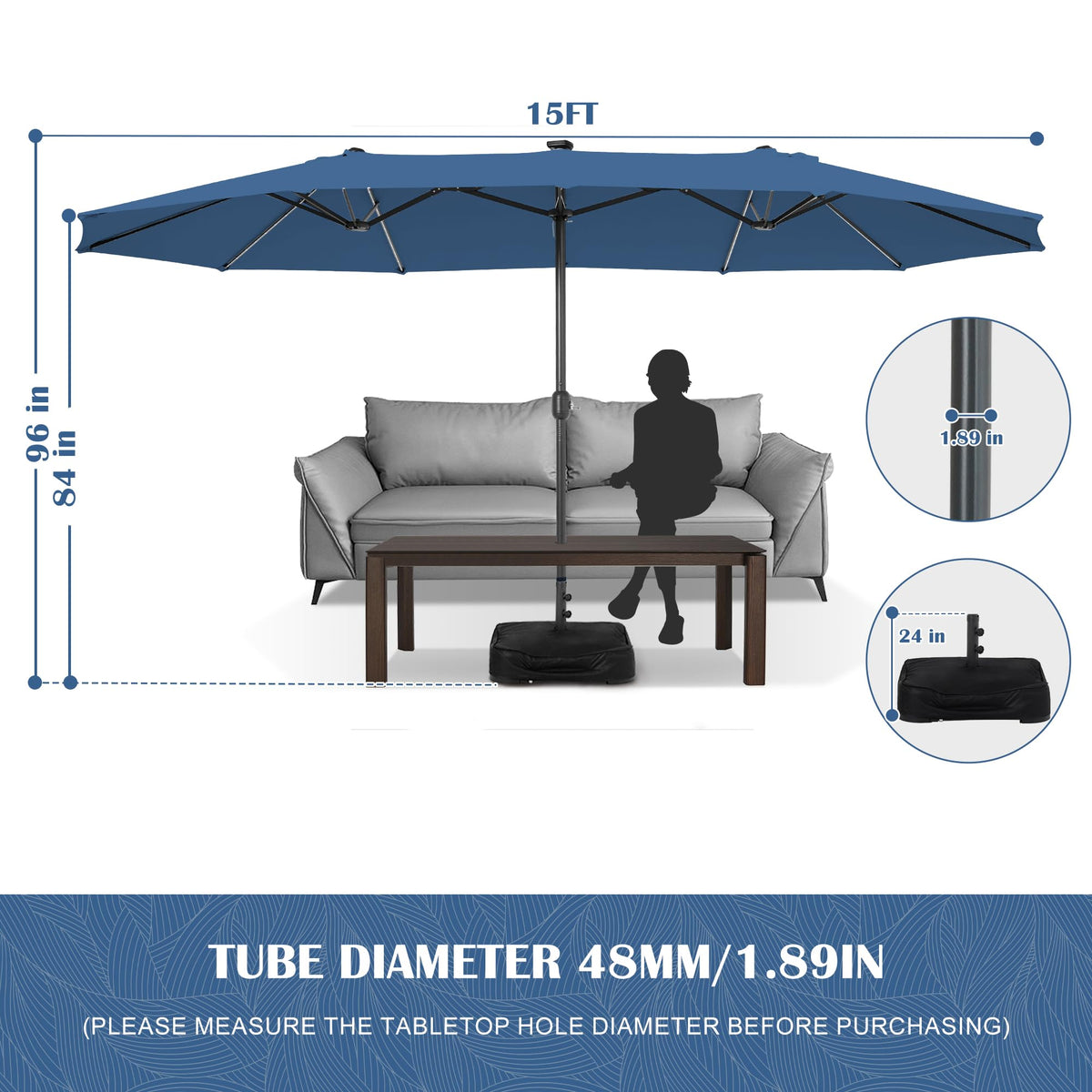 Sundale Outdoor Solar 15 ft 144 LED Olefin 5-Year-Non-Fading Patio Umbrella with Sandbag Base Included and Cover, Outdoor Double-Sided Umbrella with Lights, Navy