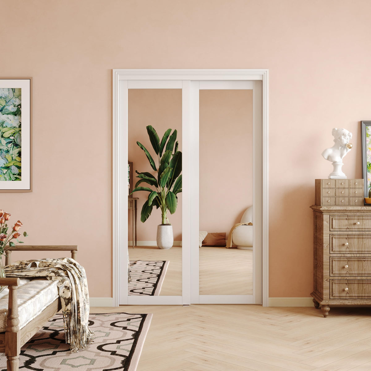 SOLRIG Closet Doors, 60"(Double 30.98") x 80" Mirror Closet Doors,1-Lite Mirror Sliding Door with Hardware Track Kit & Floor Guide, Finished Doors 2 Panels, MDF, White