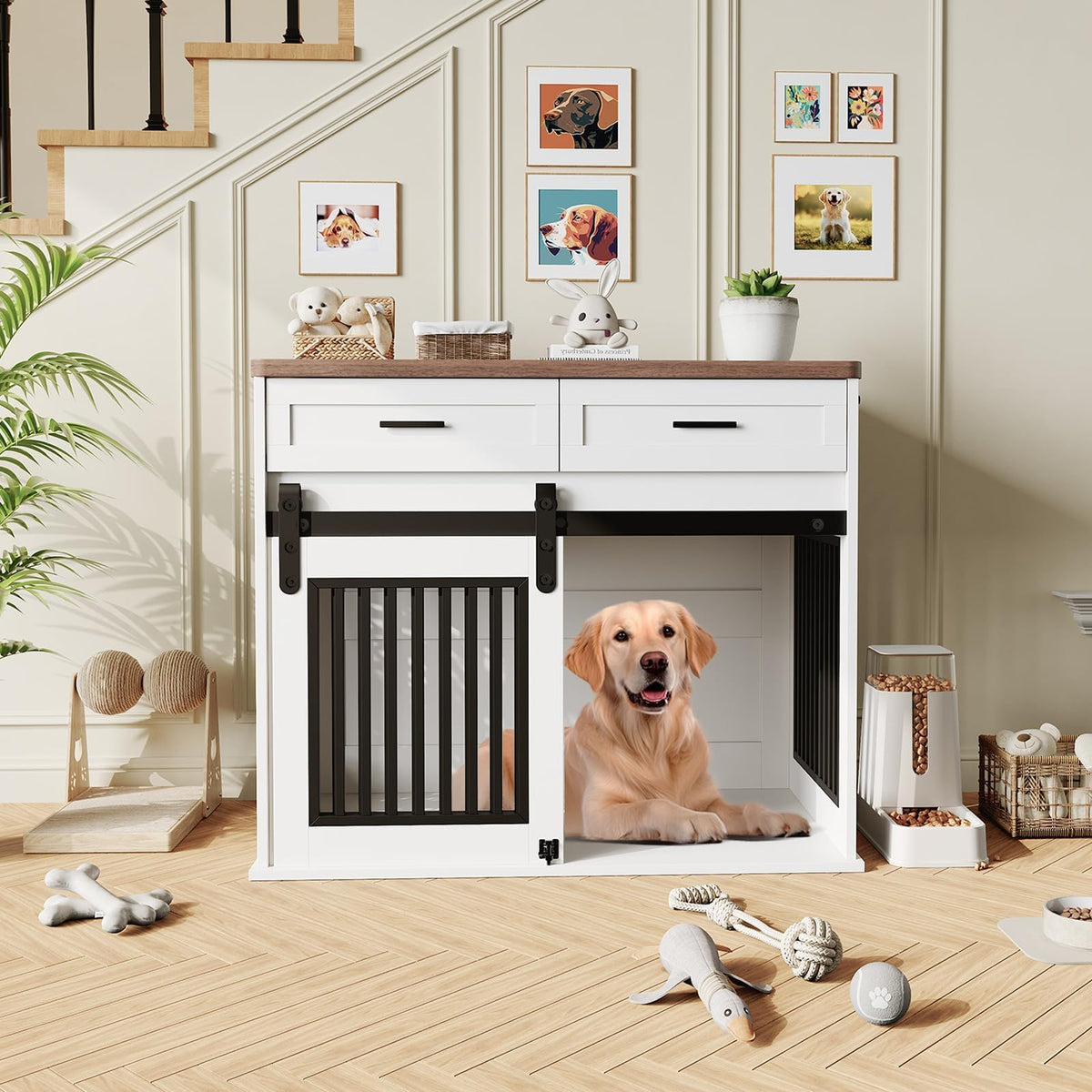 44.5'' Dog Crate Furniture with Hook & Storage Drawers, Wooden Heavy Duty Dog Kennel Indoor with Sliding Barn Doors, Decorative Pet House End Side Table TV Stand for Medium/Small Dogs,White