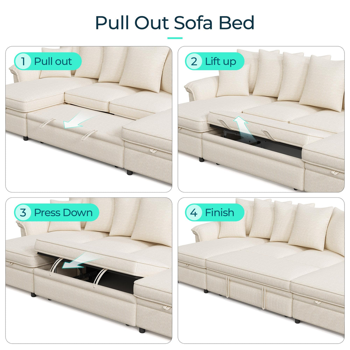 LINSY HOME Oversized Sectional Sleeper Sofa with Pull Out Couch Bed (Beige, 118.5'')