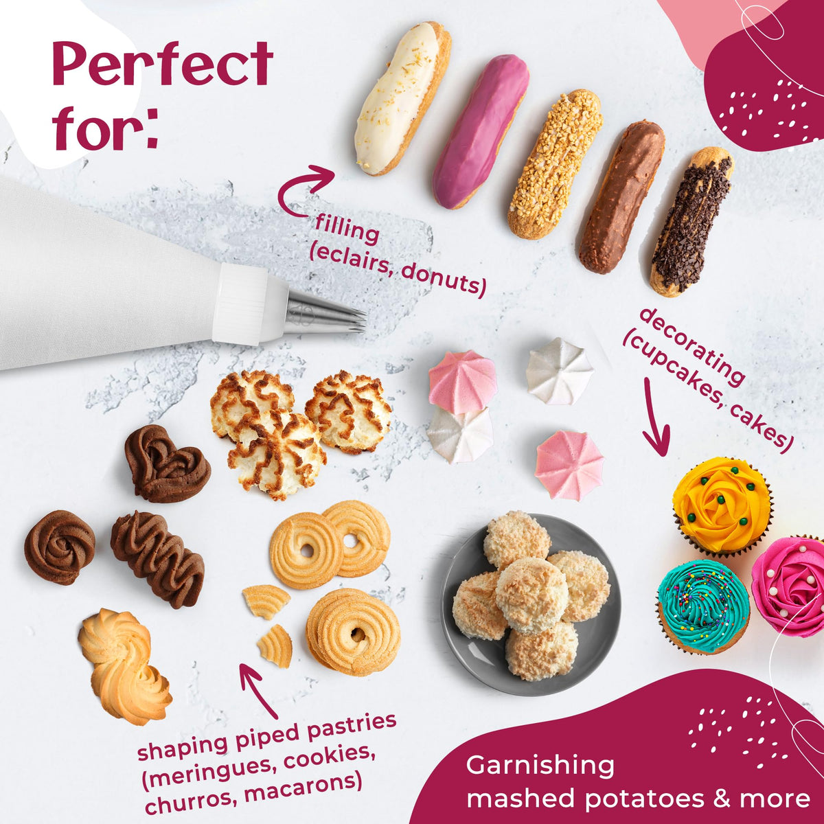 Happy Lemuro Premium Reusable Piping Bags and Tips Set - Cotton Pastry Bag 16" with 8 Large Icing Tips for Cake Decorating - Large Piping Tips Set - Dishwasher Safe
