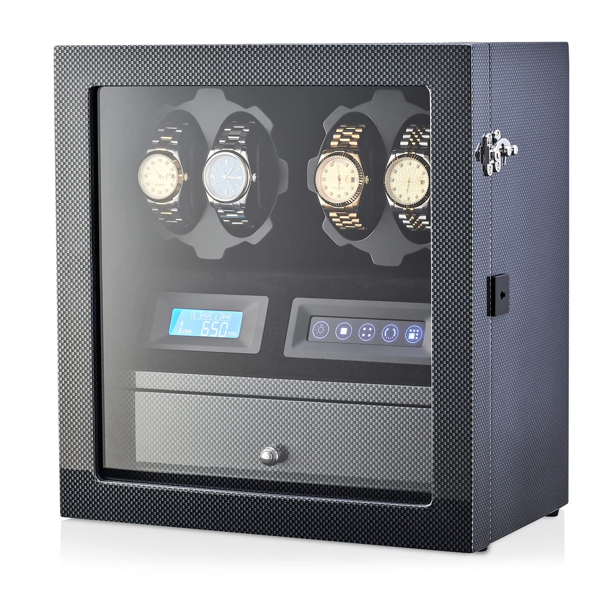 4 Watch Winder with 5 Watch Storage Space, LCD Display, Touch Control and Interior Light (Black + Black)