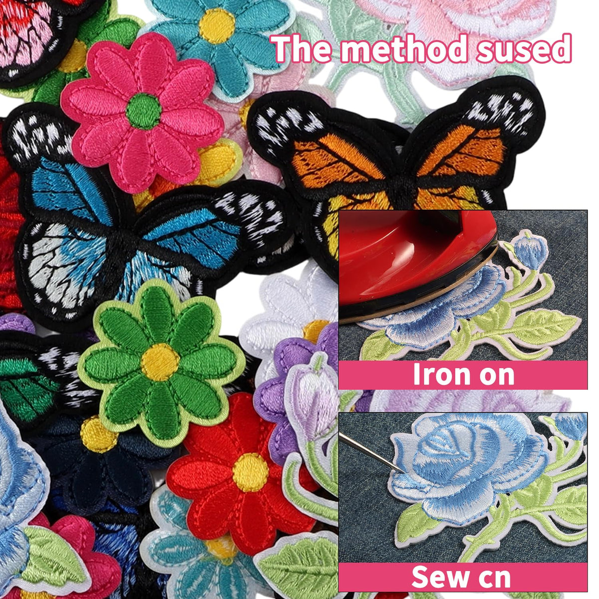 36Pcs Flower Iron On Patches, Cute Butterfly Sew On Embroidered Applique Repair Patches for Clothing, Hats, Backpacks, Jackets, Bags