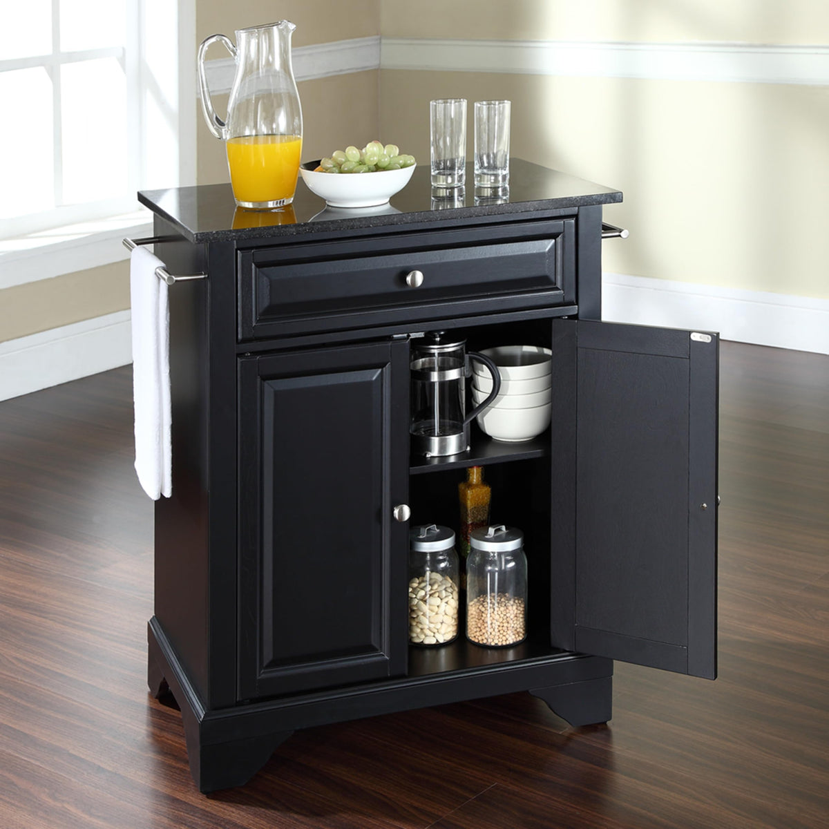 Crosley Furniture LaFayette Granite Top Small Portable Rolling Kitchen Island Storage Cart, Microwave Stand, Black