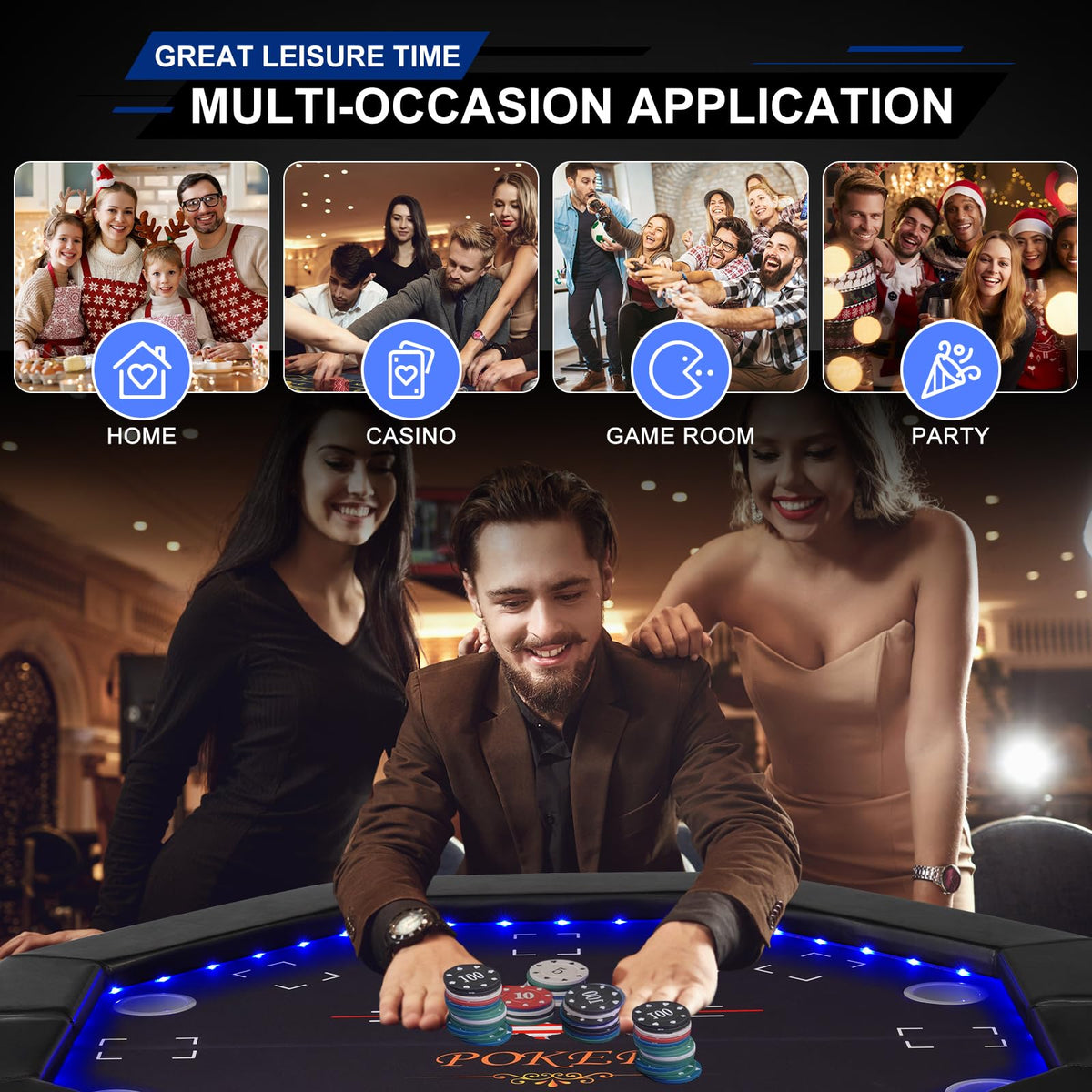 REAHOISY Foldable Poker Table with LED Lights, Octagon Casino Leisure Texas Holdem Table for 8 Player, Folding Blackjack Table w/Built-in LED Light, Padded Rails & Cup Holders for Home Game Room