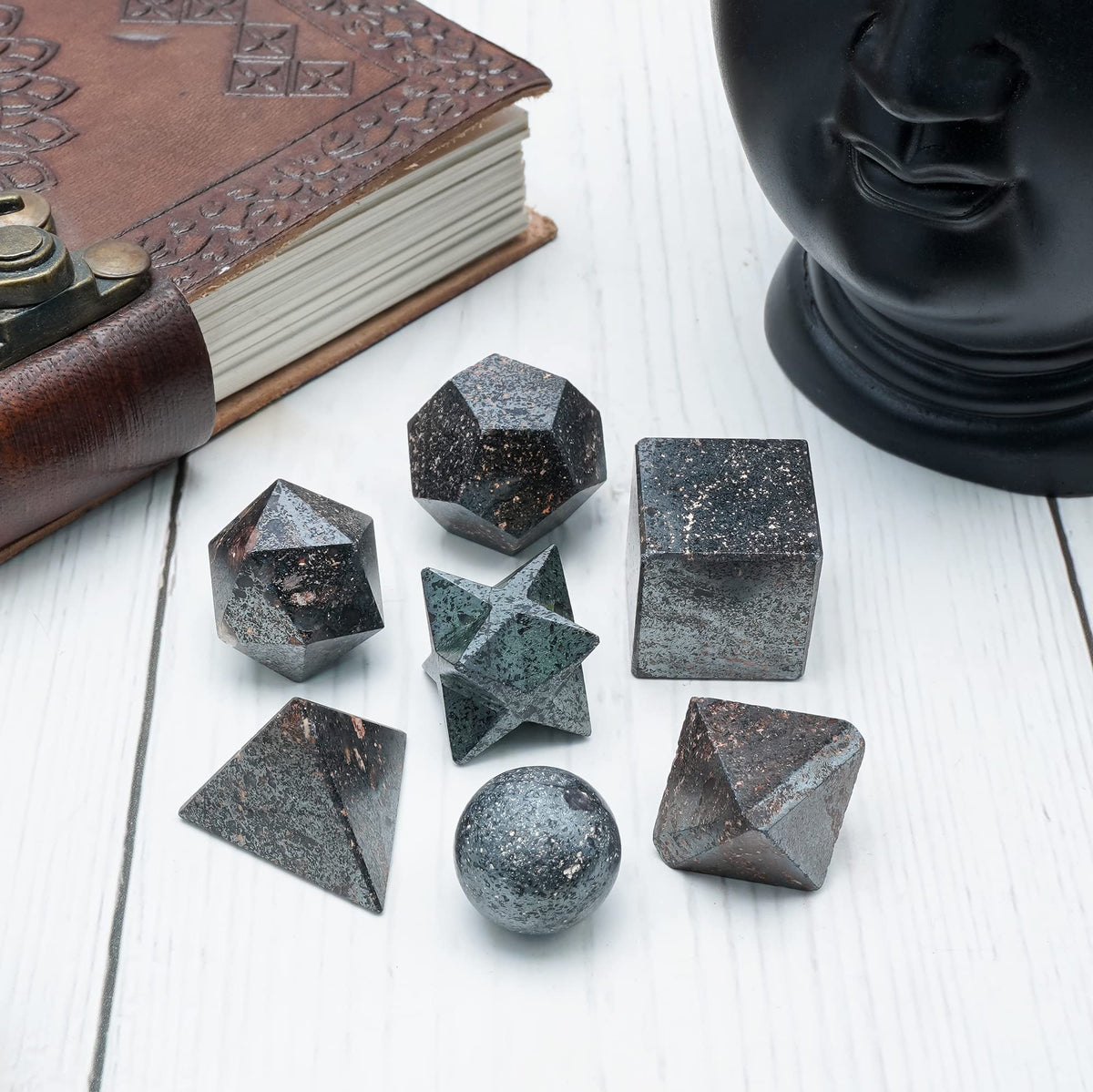 Crocon Hematite 7 Pcs Platonic Solid Sacred Stones Geometry Set for Reiki Healing Chakra Stone Balancing Crystal Cleansing Spiritual Money Good Luck Decor Size: 15-20 mm