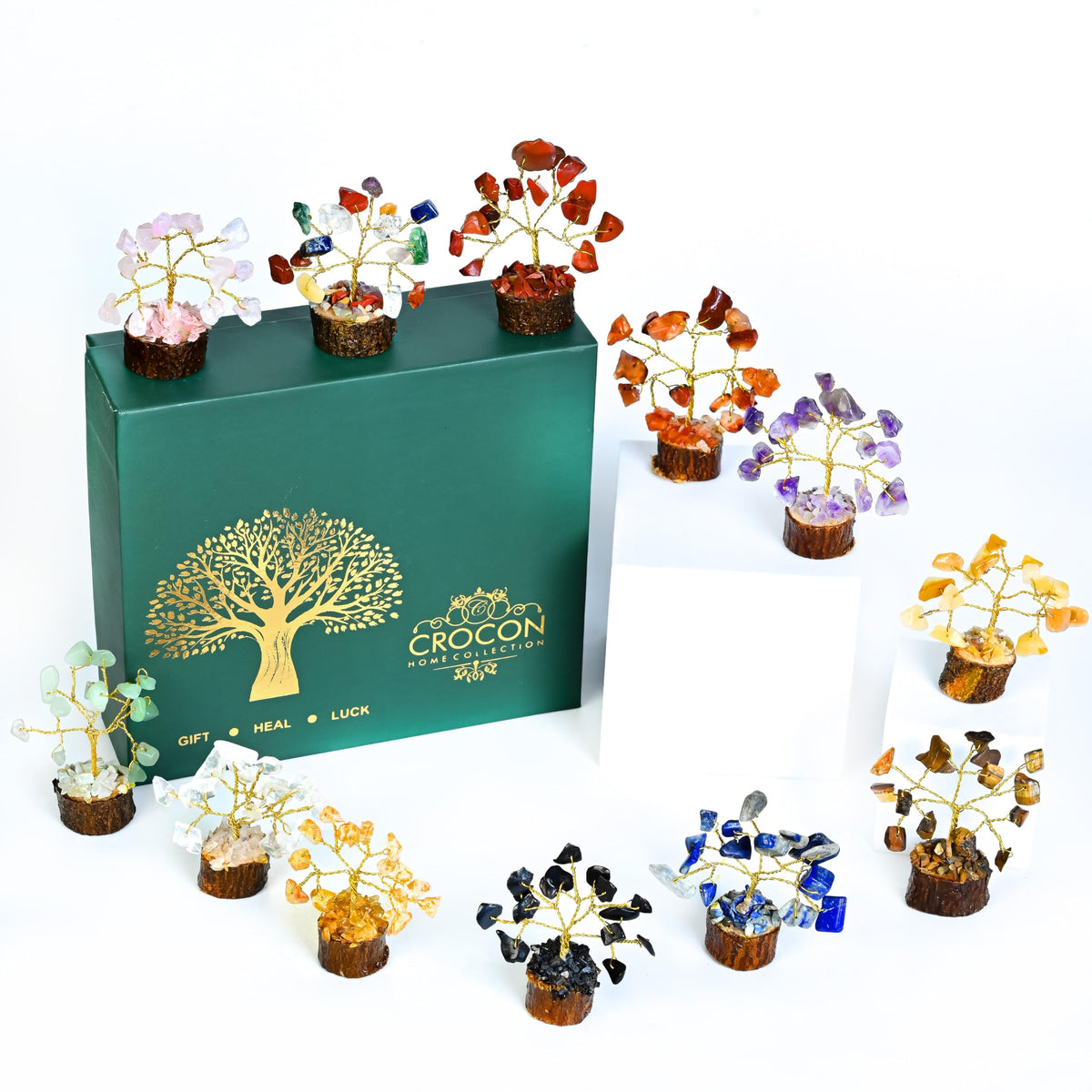 Crocon® Crystal Tree Set of 12 Mini Unique Birthday Gifts for Women, Sister, Mom, Home Office Decor, Shelf Desk Decoration for Positive Energy, Bring Good Luck, Money, Chakra Tree of Life Gift Sets