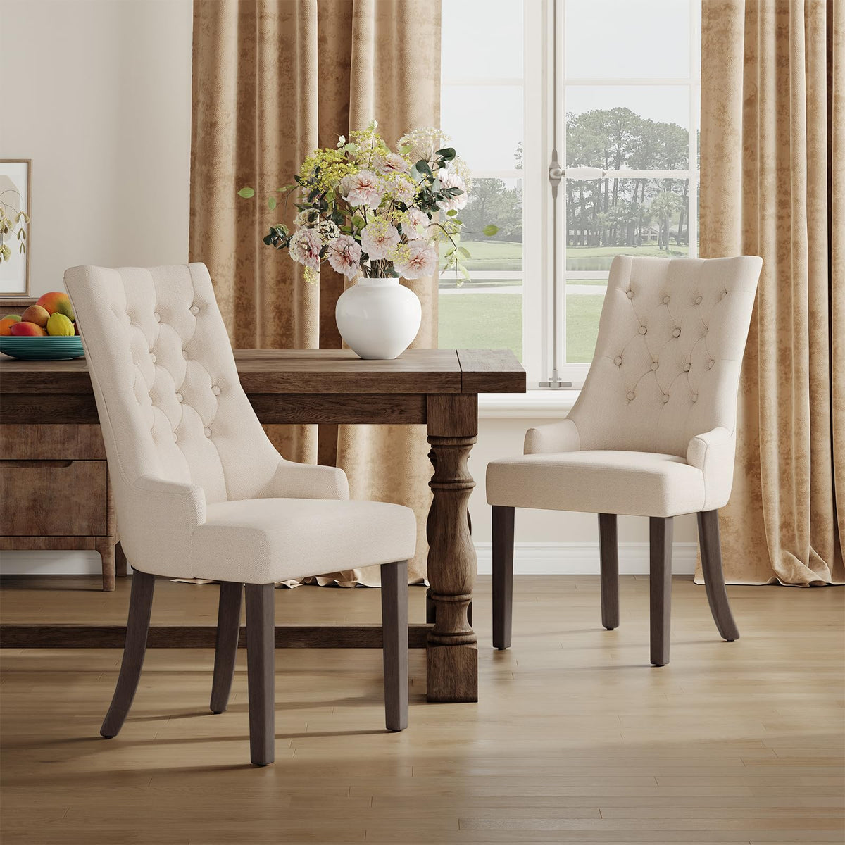 COLAMY Wingback Upholstered Dining Chairs Set of 6, Fabric Side Dining Room Chairs with Tufted Button, Living Room Chairs for Home Kitchen Resturant- Beige
