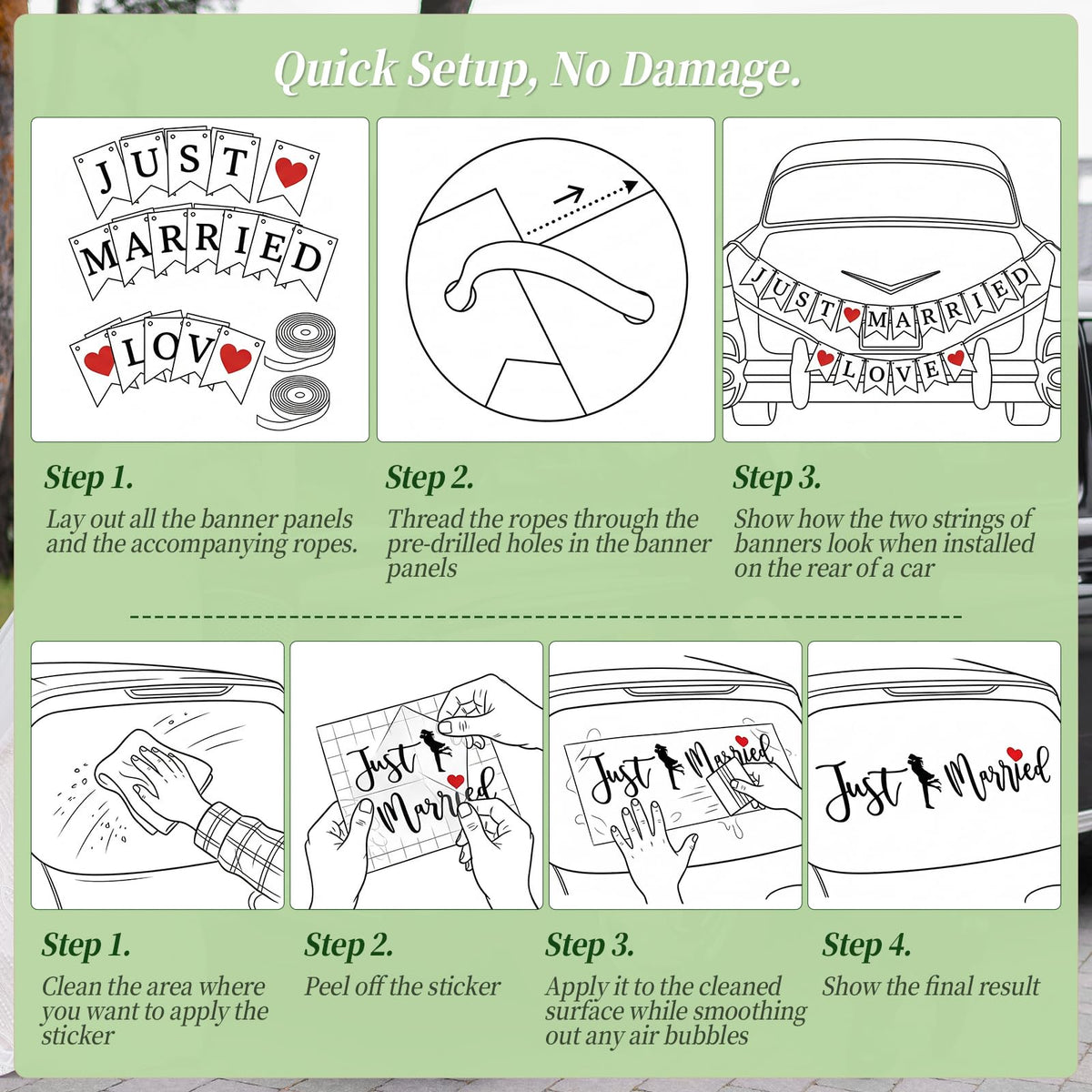 Just Married Car Wedding Decorations Kit with Artificial Flower Floral Swag / Just Married Love Sign Banner and Car Bouquet & Window Decals, Wedding Car Accessories for Bridal Shower Honeymoon Decor