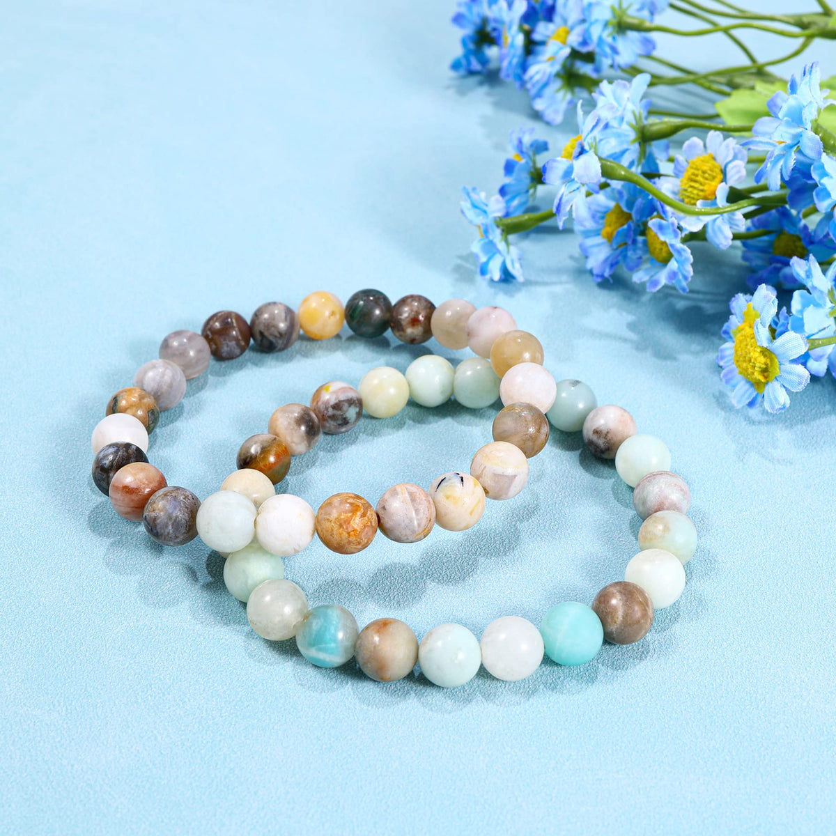 Bivei Natural Gemstone Semi Precious Crystals Handmade Stretchy Round Beads Bracelet, Enhance Positive Energy,Stocking Stuffers for Women(Bamboo Leaf Agate & Amazonite (Good Luck) Medium)