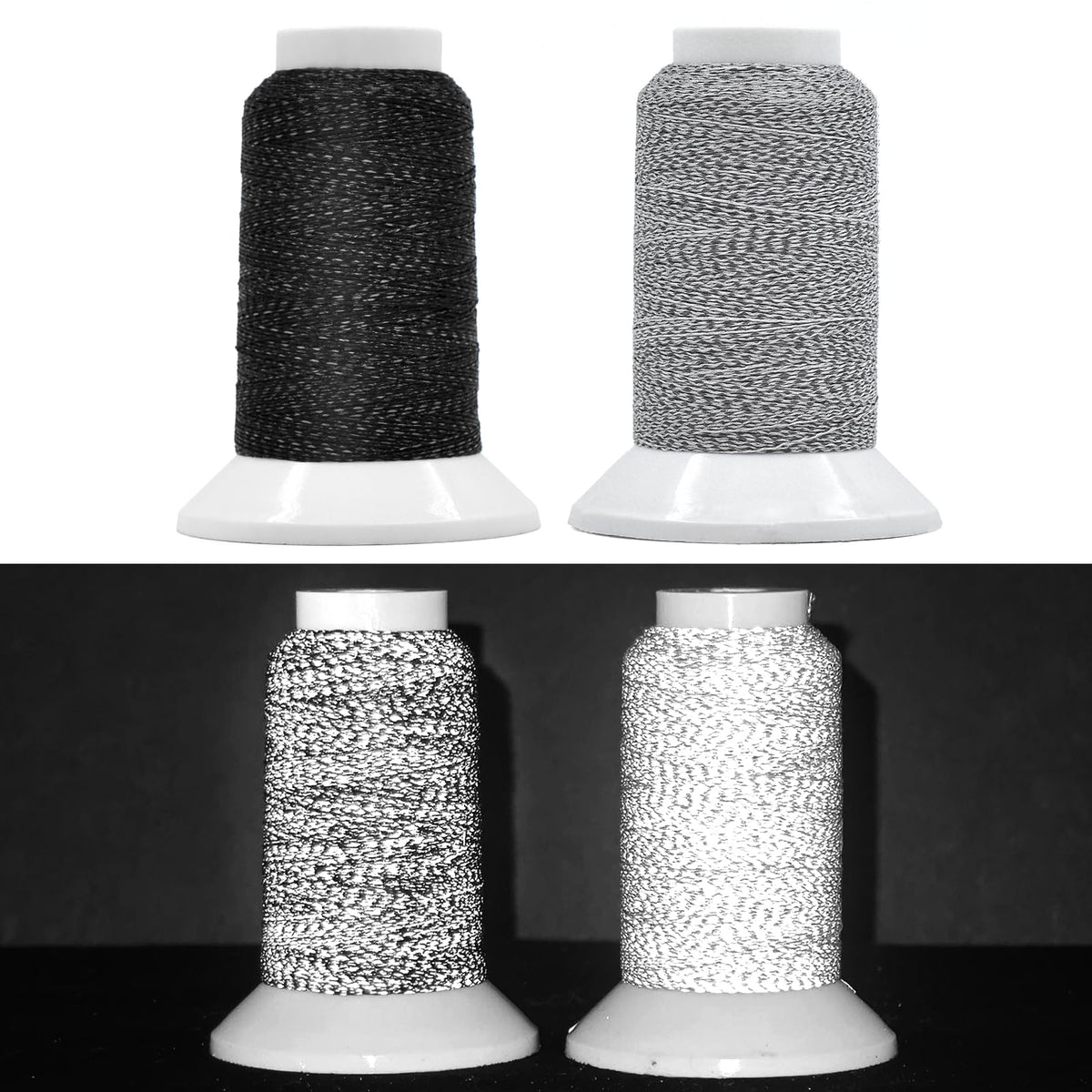 SunBling High-Visibility Reflective Embroidery Thread Kit Improved Night Safety, 2X200M(218Yds) Each Spool Polyester Sewing Machine Thread Suitable for Hand Embroidery, Sewing, Quilting (Black&Gray)