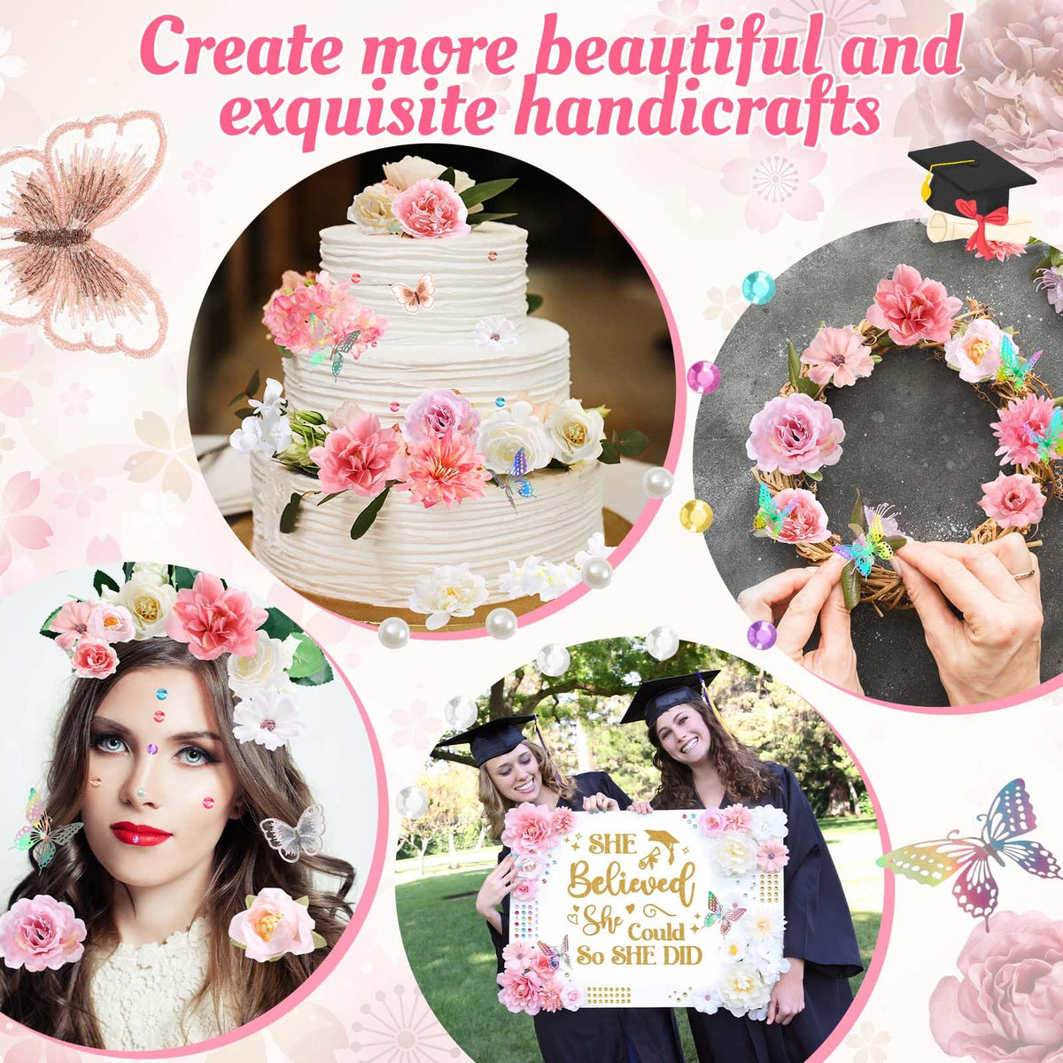 Dunzoom Pink 80 Pcs DIY Graduation Cap Decorations Kit Faux Flower Heads 3D Butterfly Stickers Bow Pearl Rhinestone Stickers Glitter Paper and Ribbon Bows for 2026 Grad Cap Topper Graduation Party