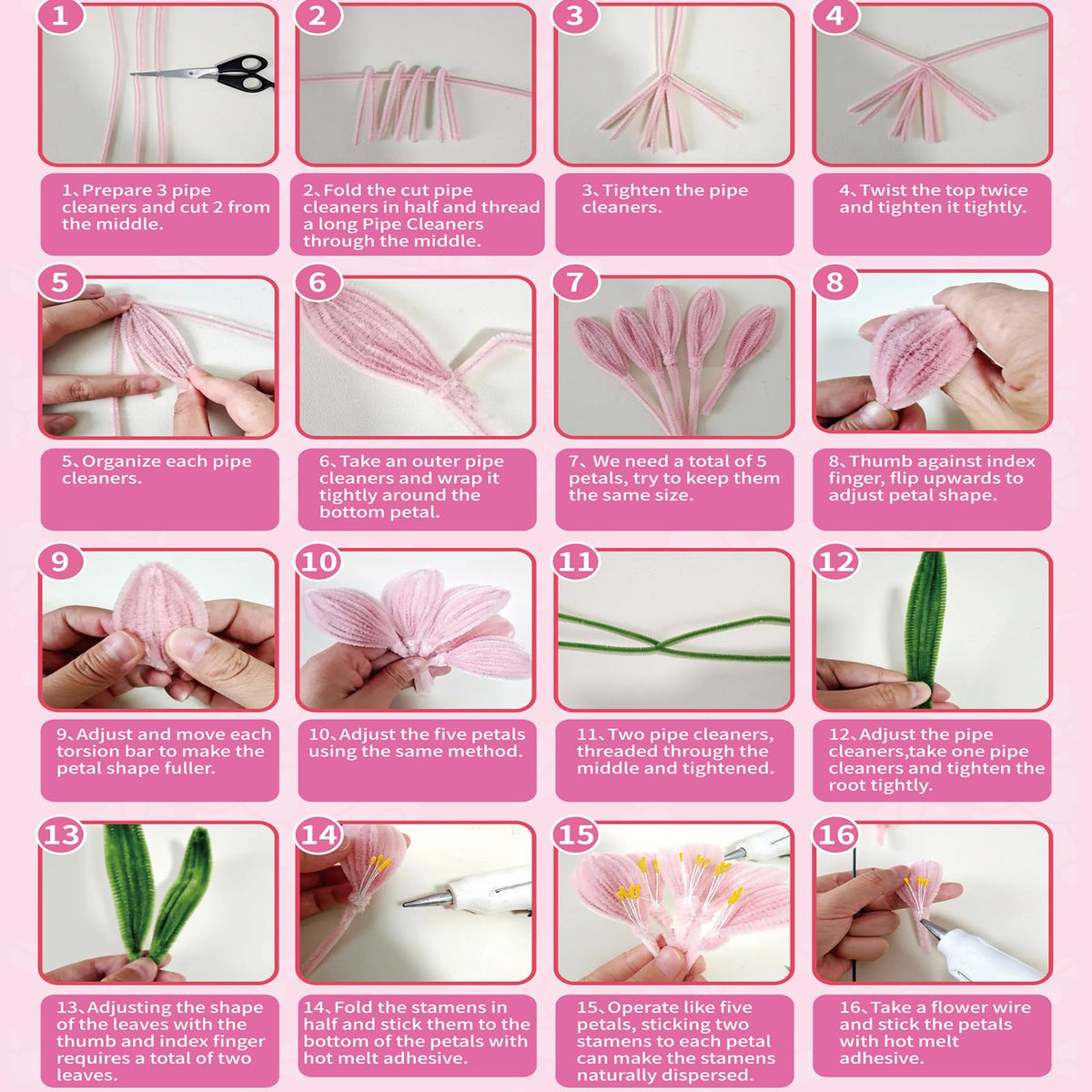 Pipe Cleaners Craft Flowers Kit 791 Pcs, 400 Pcs 7 Colors 8mm Fuzzy Pipe Cleaners Bulk (Tulips/ Lilies), 360 Pcs Stamen, Chenille Stems for DIY Flower Making Kit Crafts, Floral Stems & Tape & Ribbon